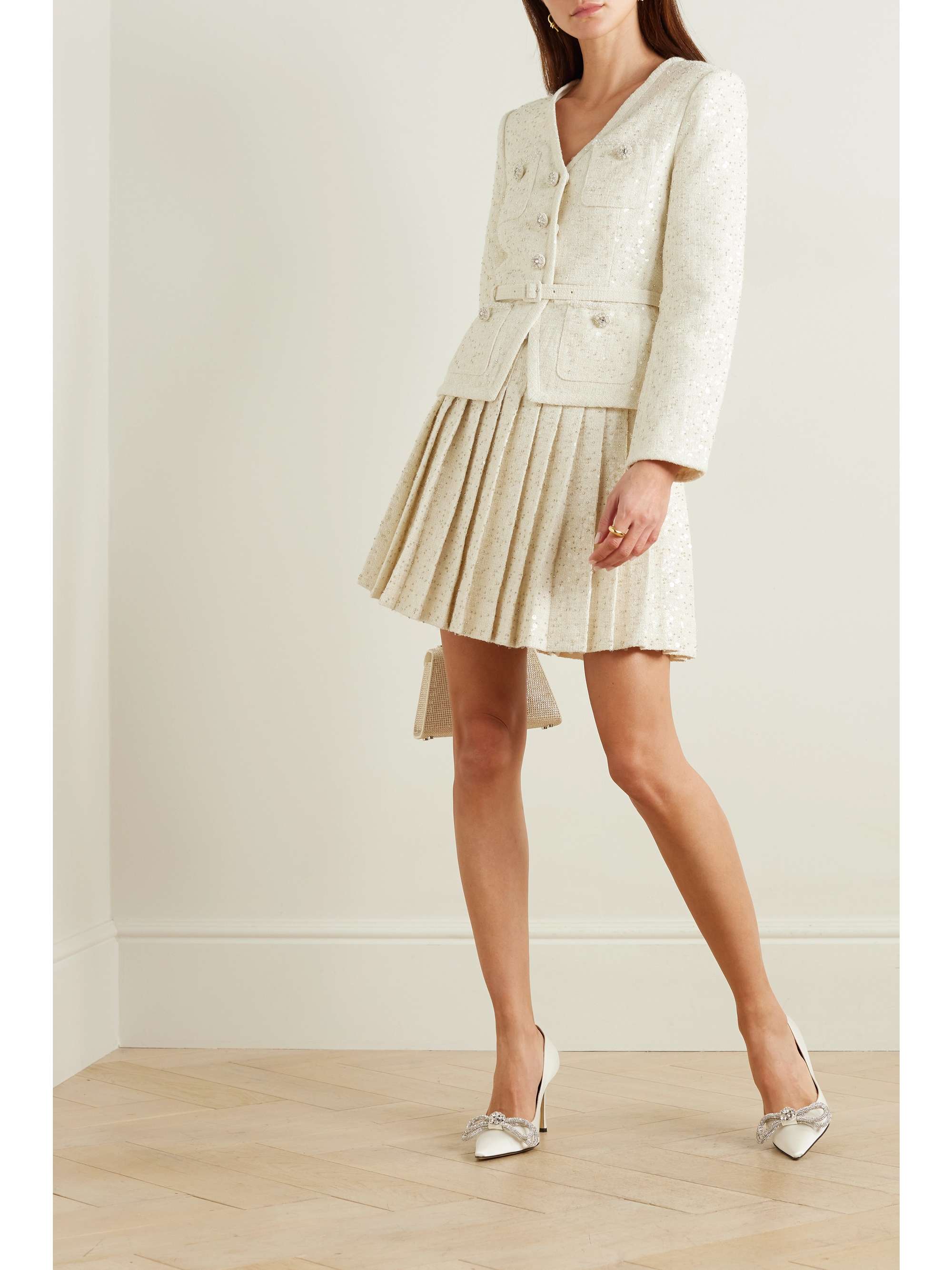 Belted embellished bouclé mini dress view