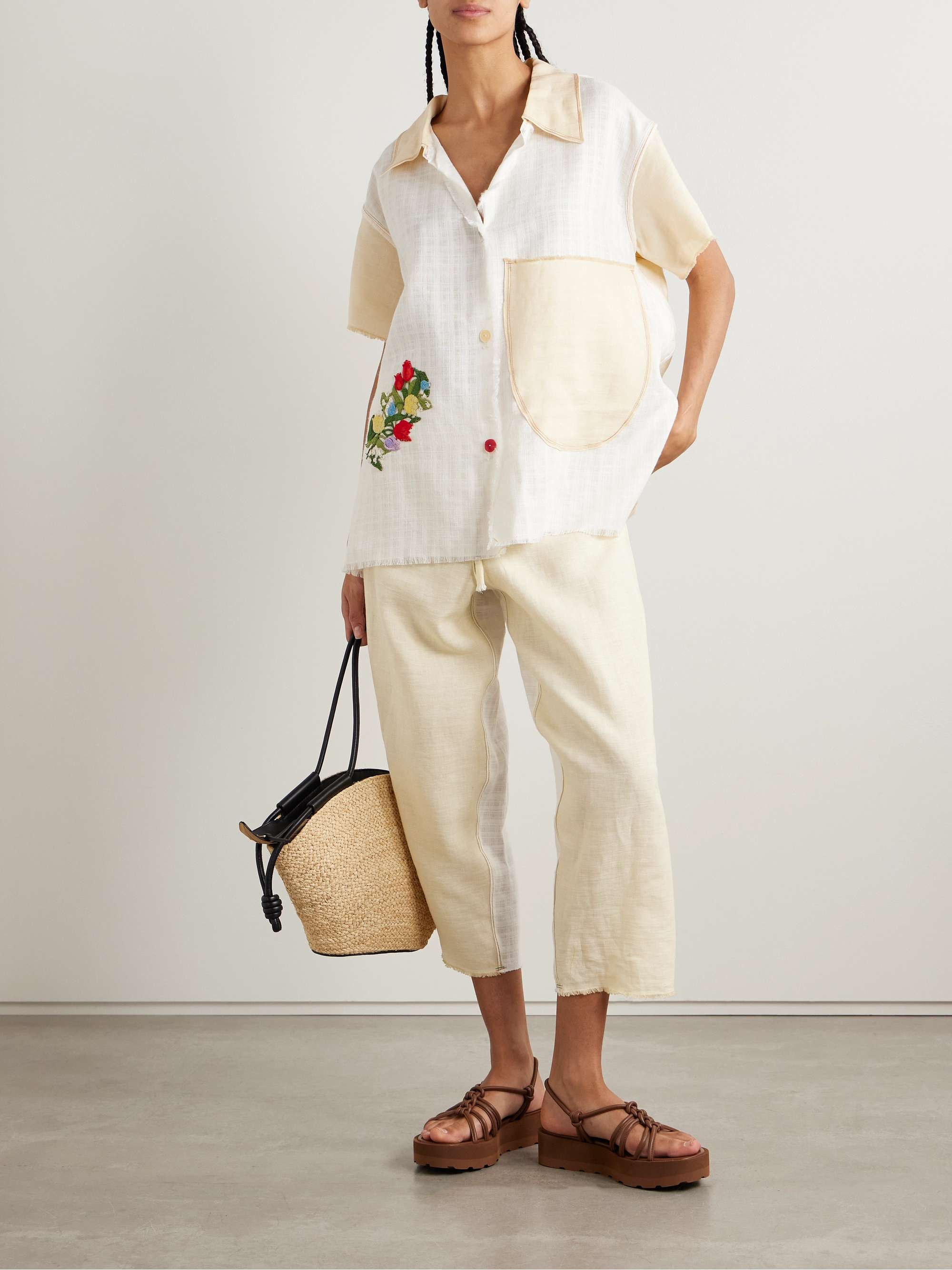 Cropped paneled appliquéd linen wide-leg pants view