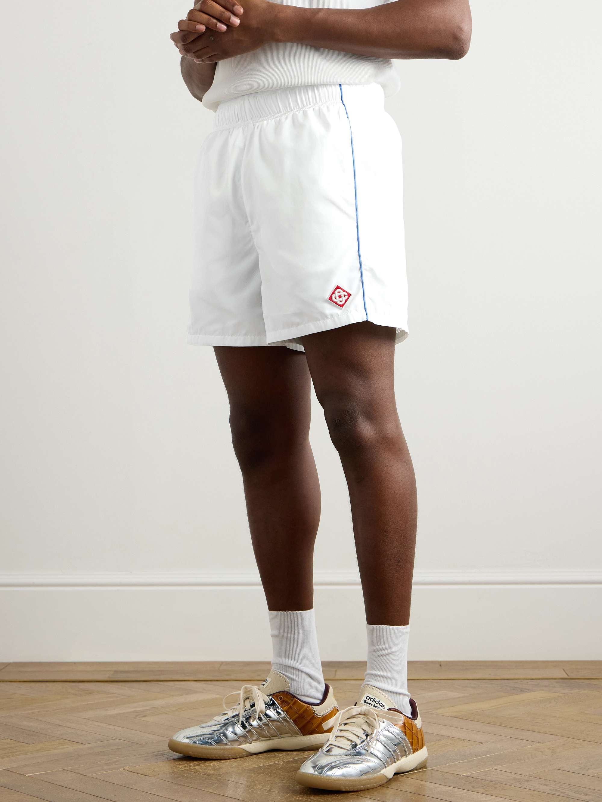 Wide-Leg Logo-Appliquéd Striped Shell Shorts view