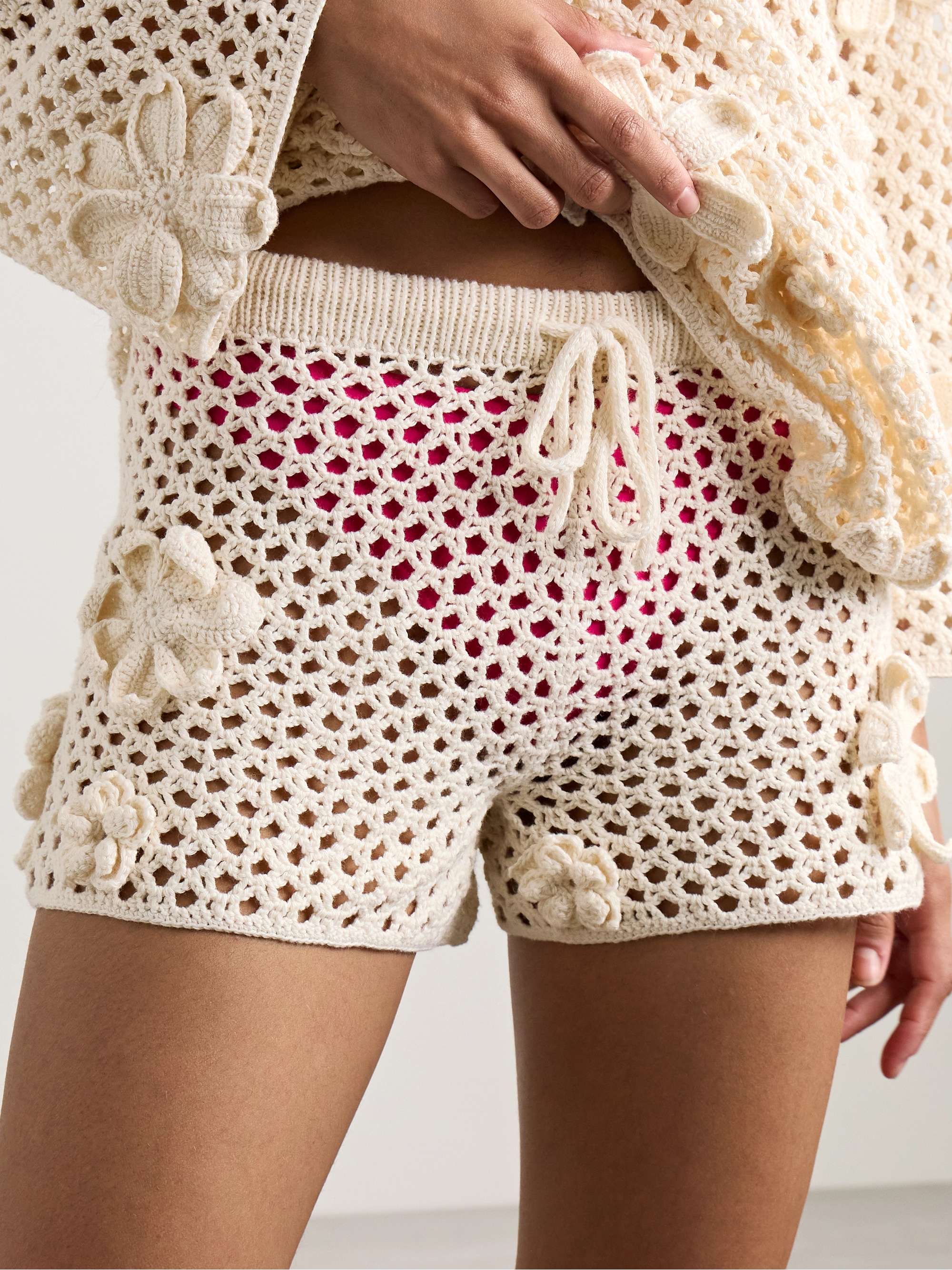 Appliquéd open-knit cotton shorts view