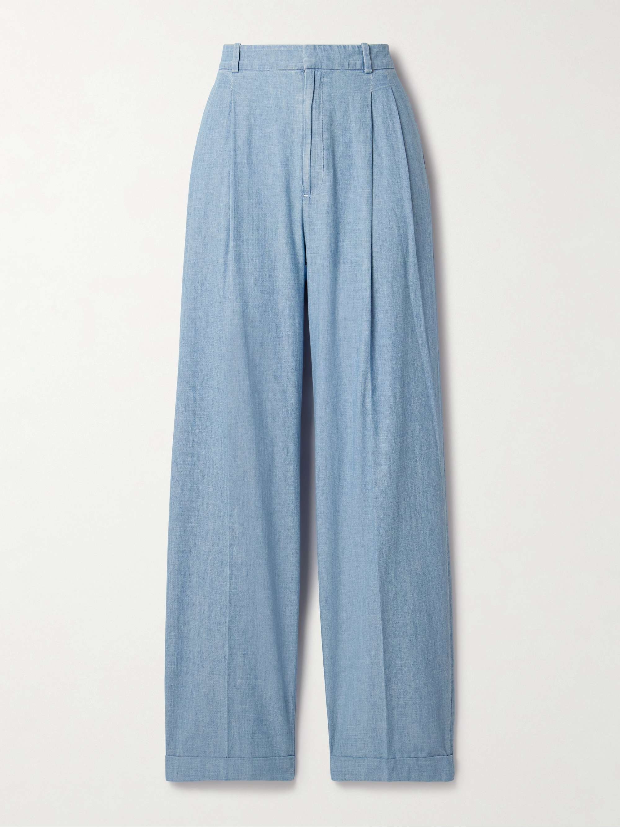 Pleated cotton-chambray wide-leg pants view