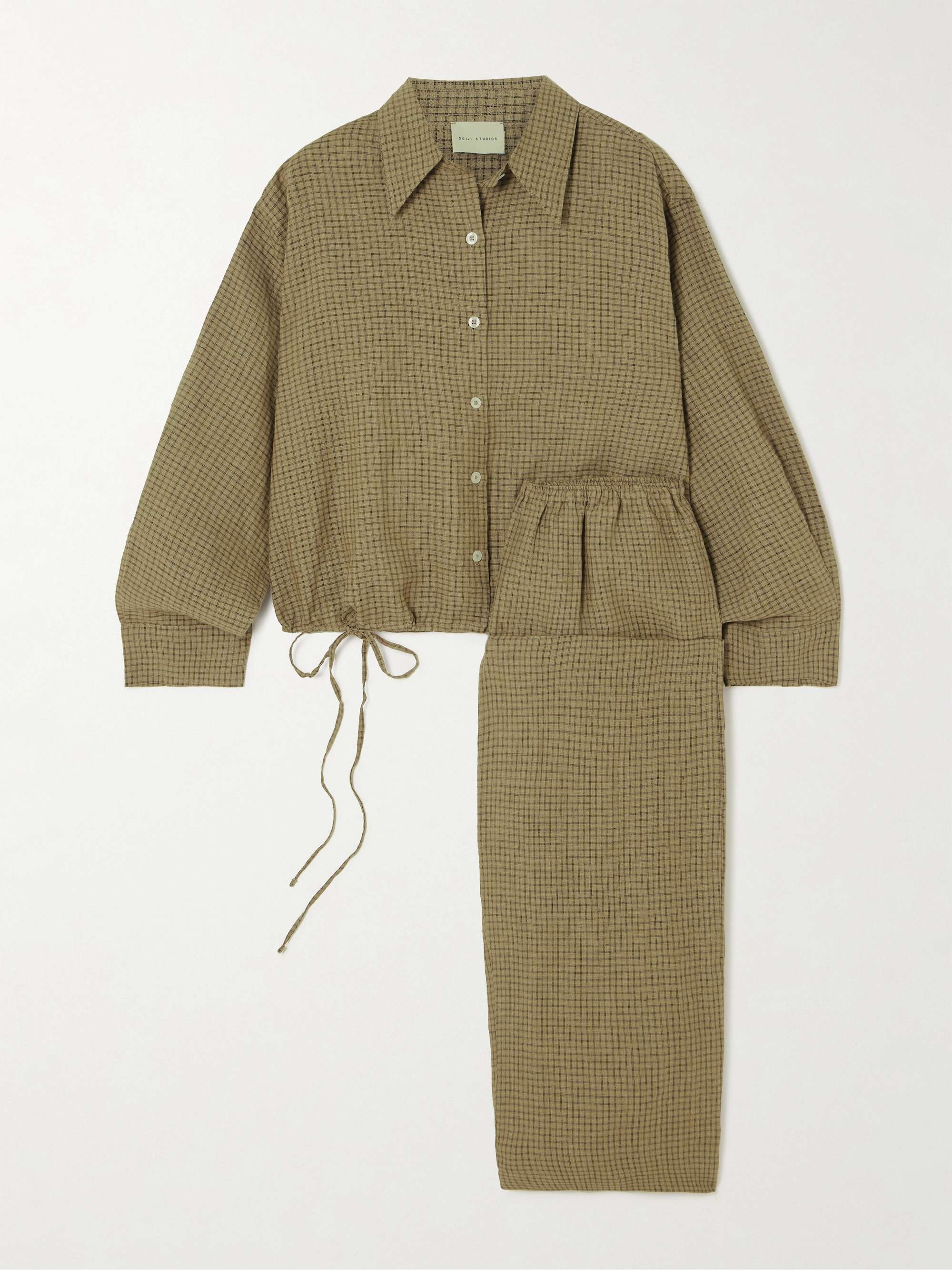 Tie-detailed checked linen pajama set view
