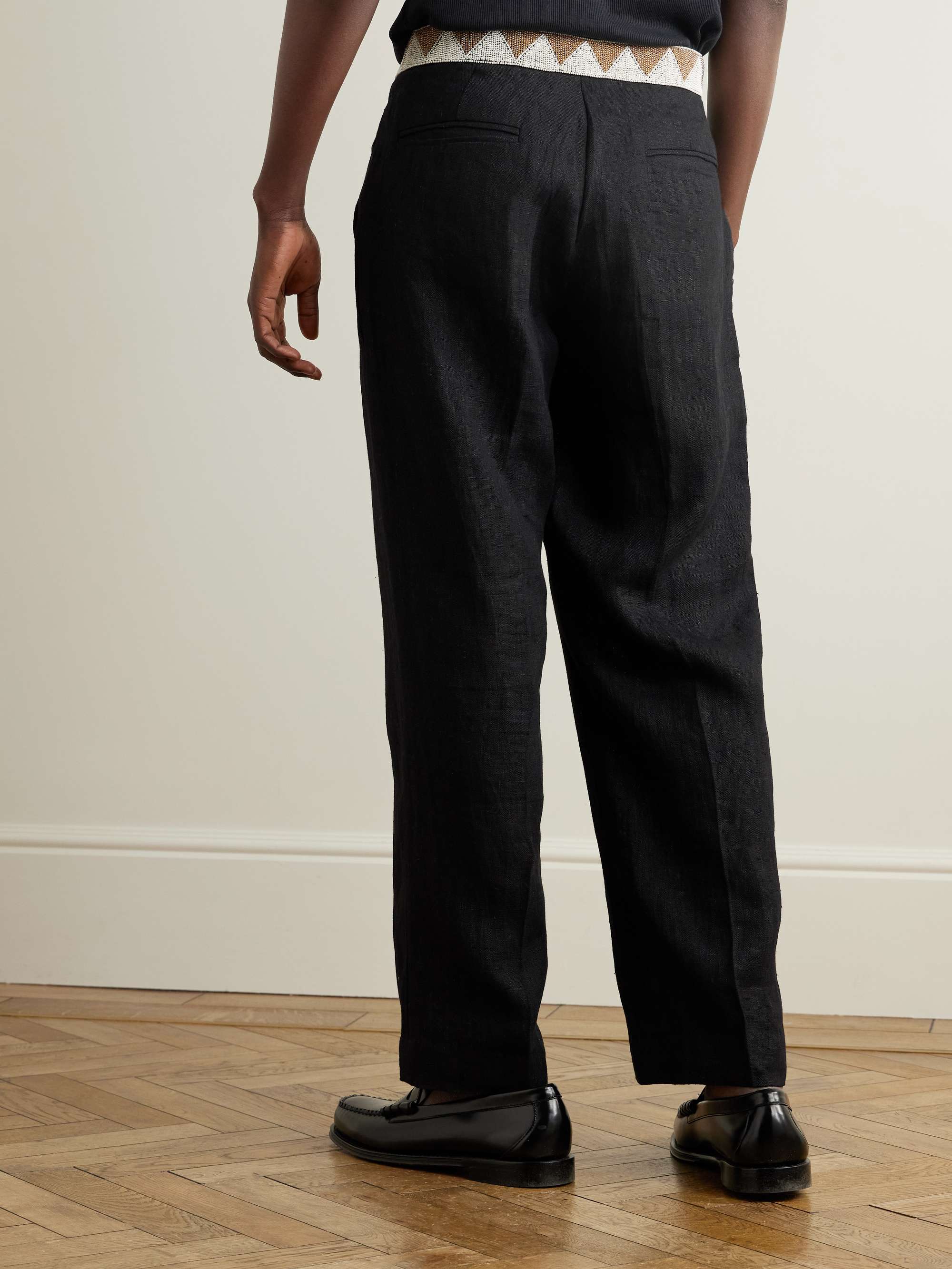 Wide-Leg Embellished Pleated Linen Trousers view