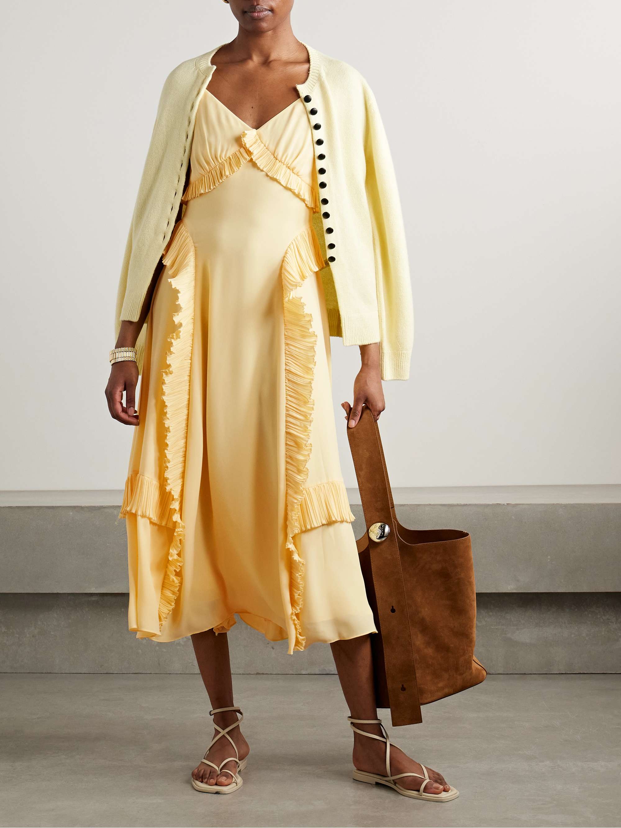 Delilah ruffled plissé-trimmed crepe de chine midi dress view