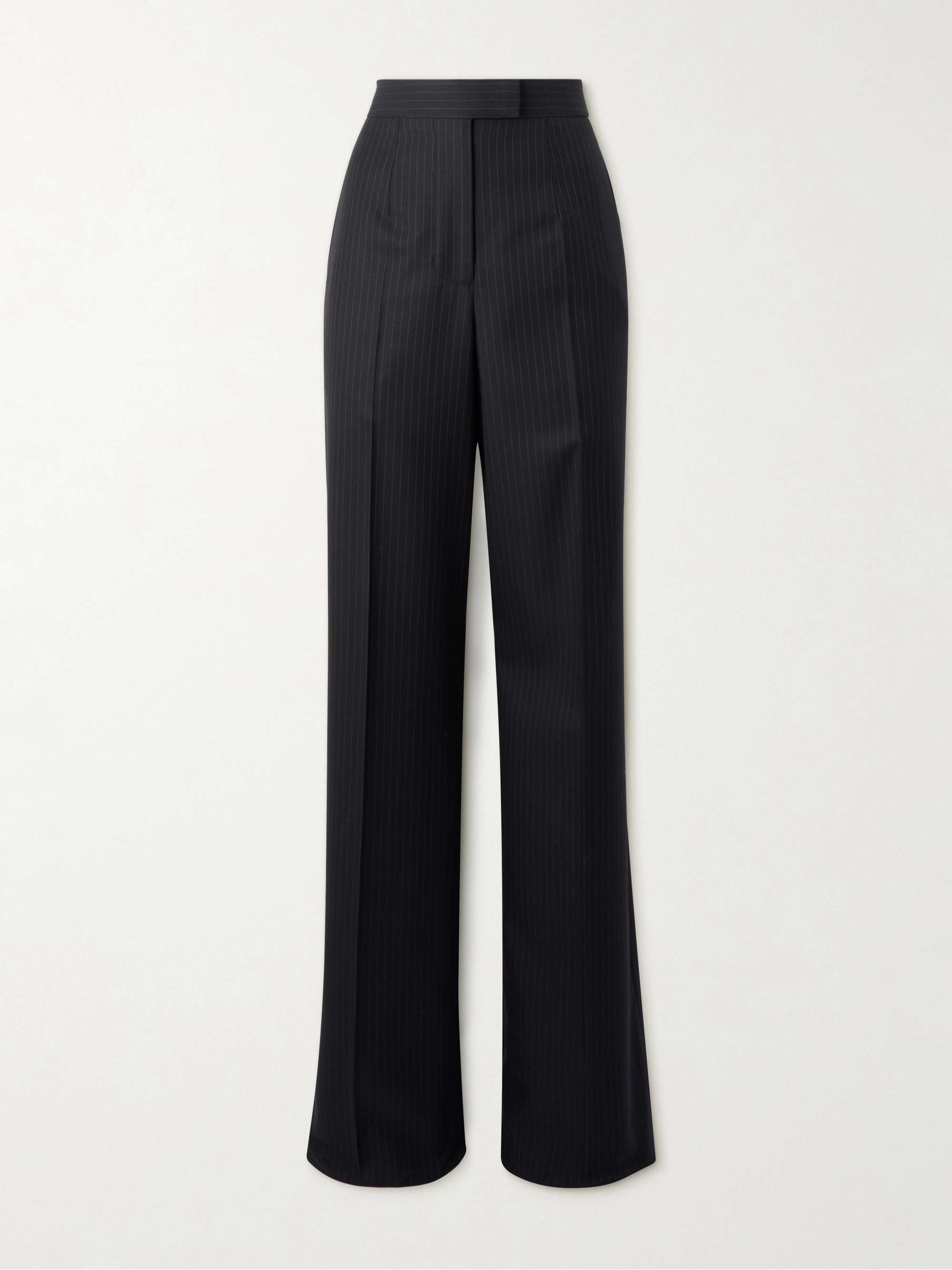 Buckled pleated pinstriped wool straight-leg pants view