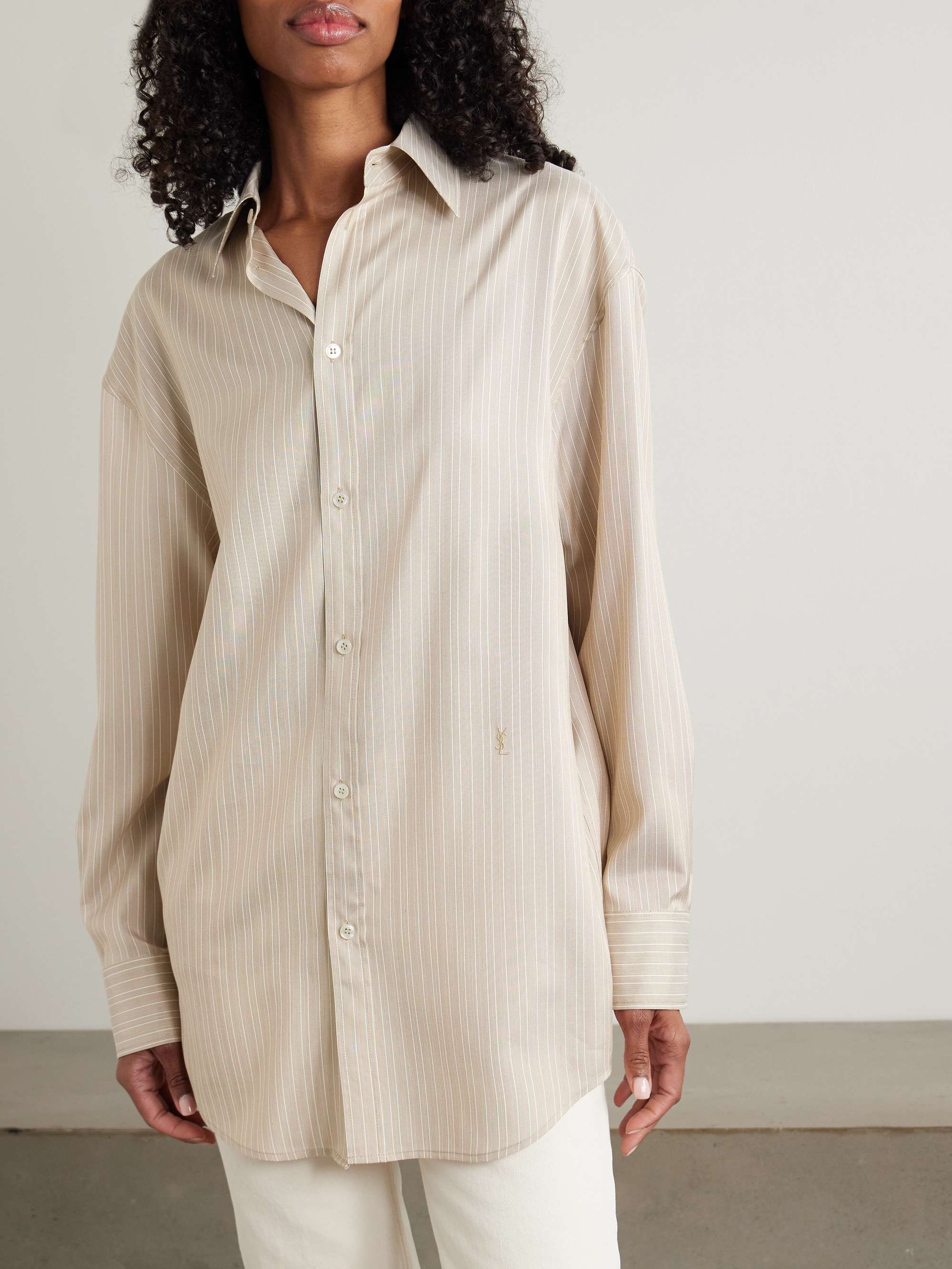 Embroidered striped silk shirt view