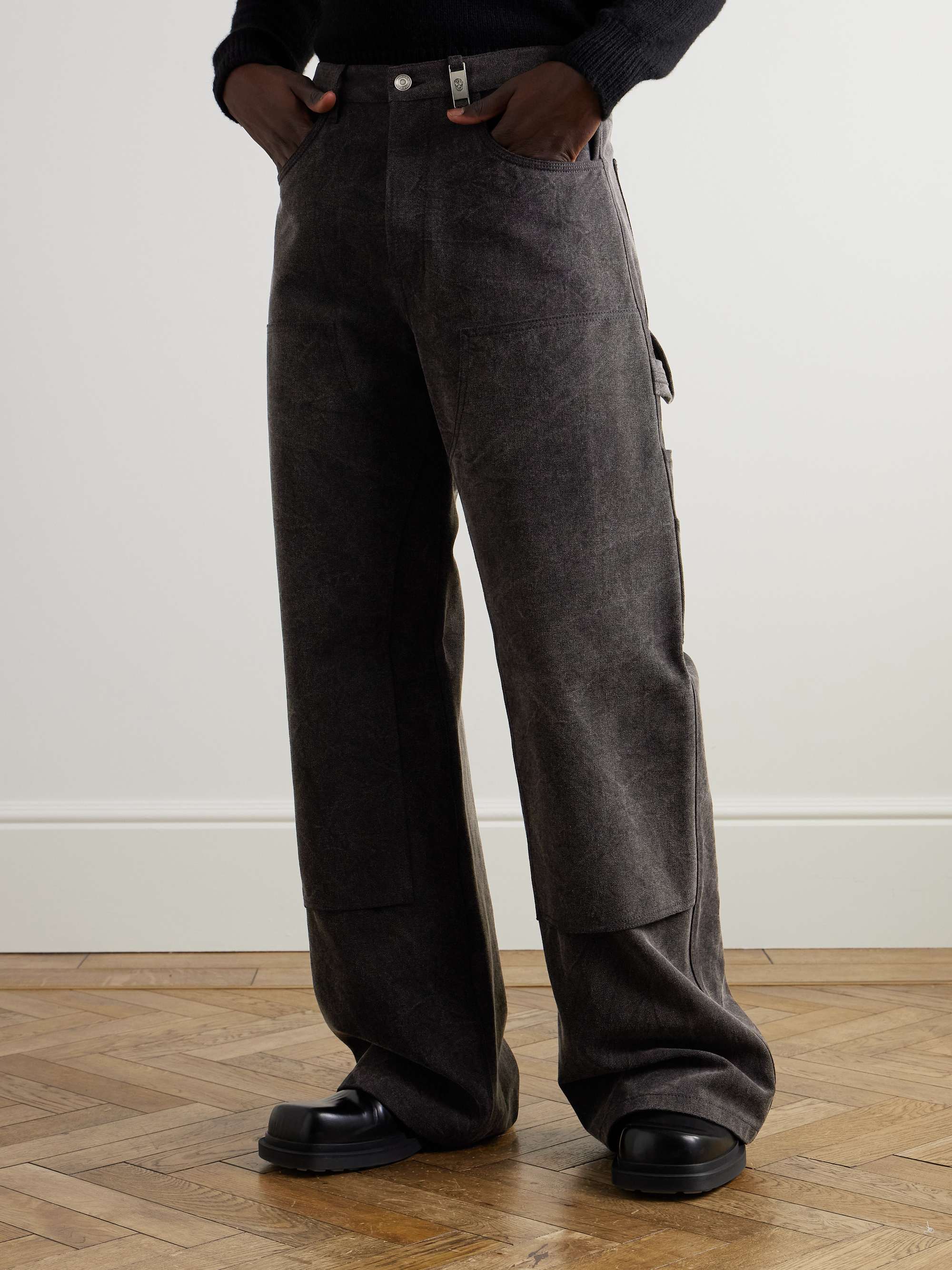 Wide-Leg Embellished Cotton-Canvas Trousers view