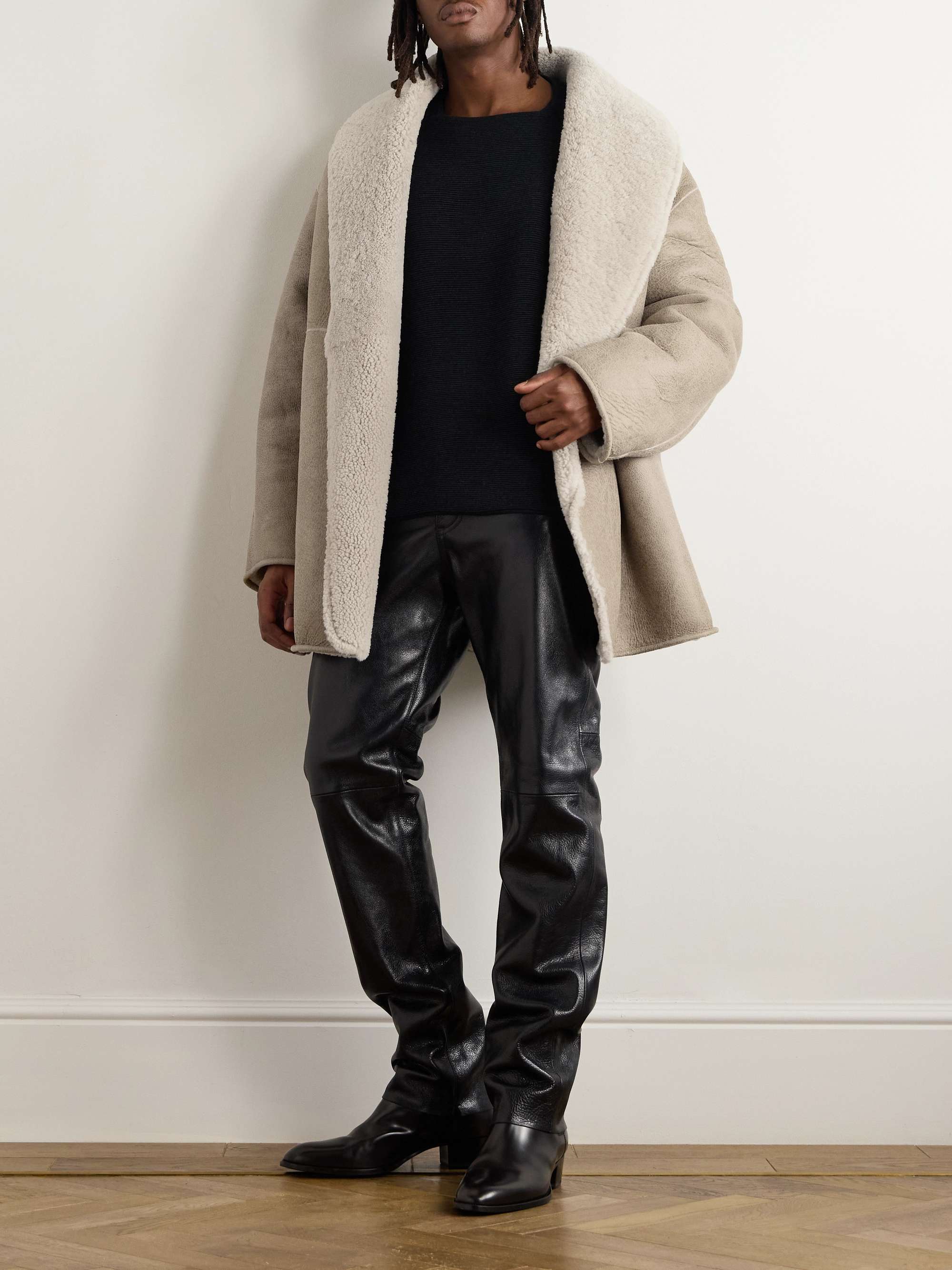 Logo-Appliquéd Shawl-Collar Shearling Jacket view