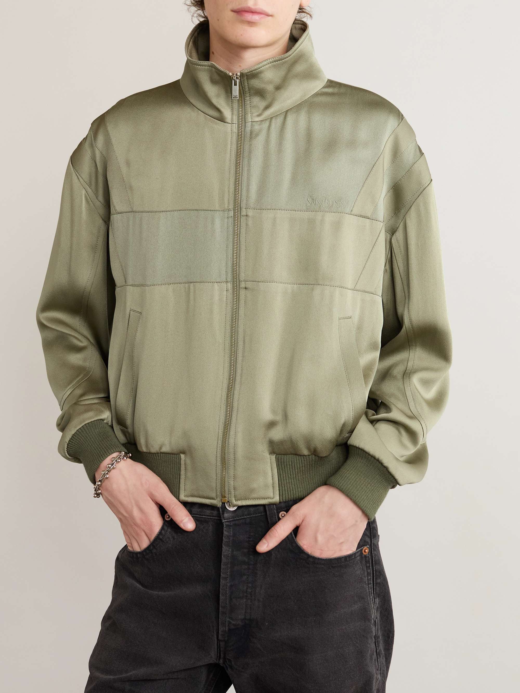 Logo-Embroidered Wool-Trimmed Satin Bomber Jacket view