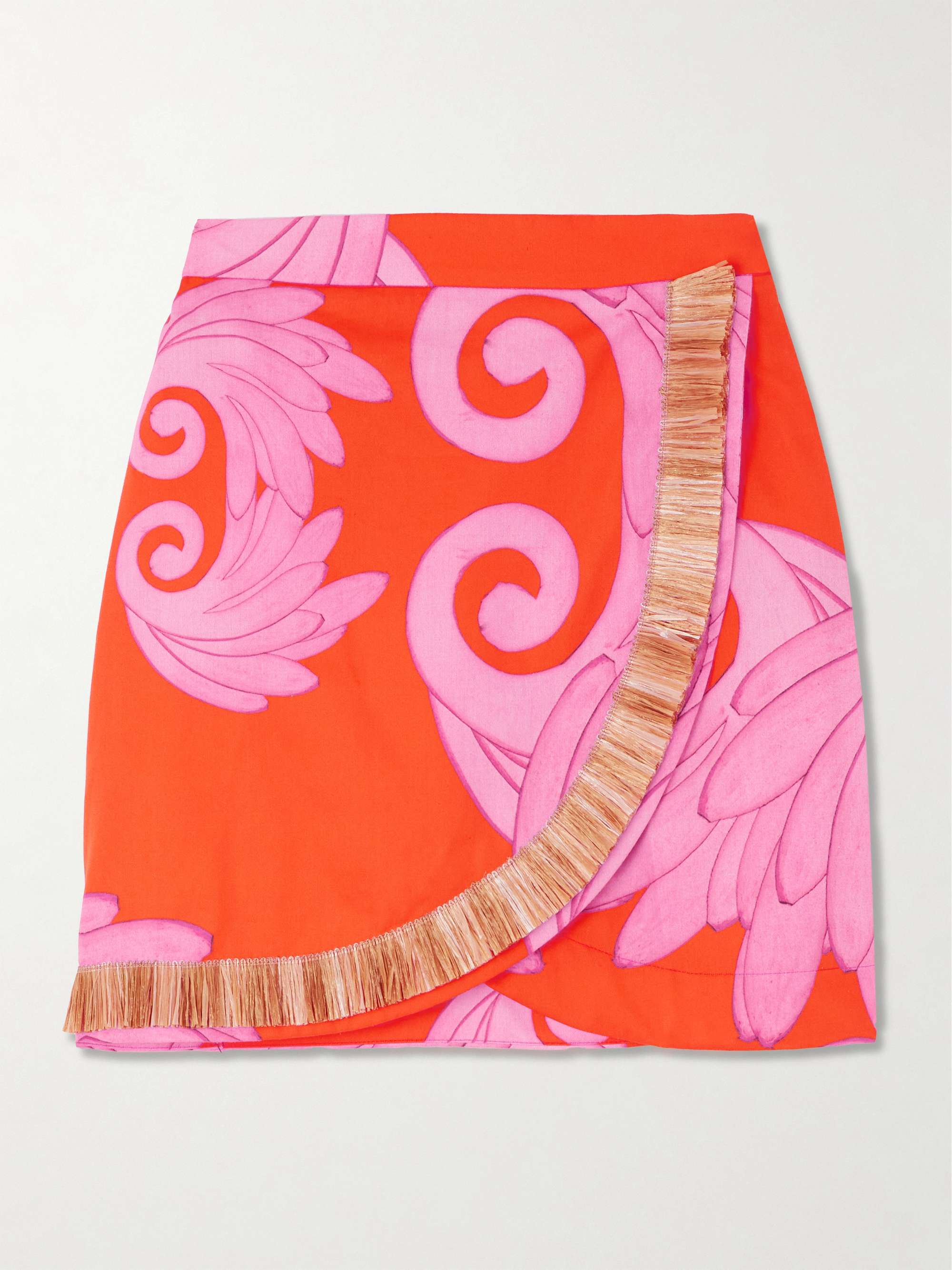 Lydia raffia-trimmed printed cotton-twill mini skirt view