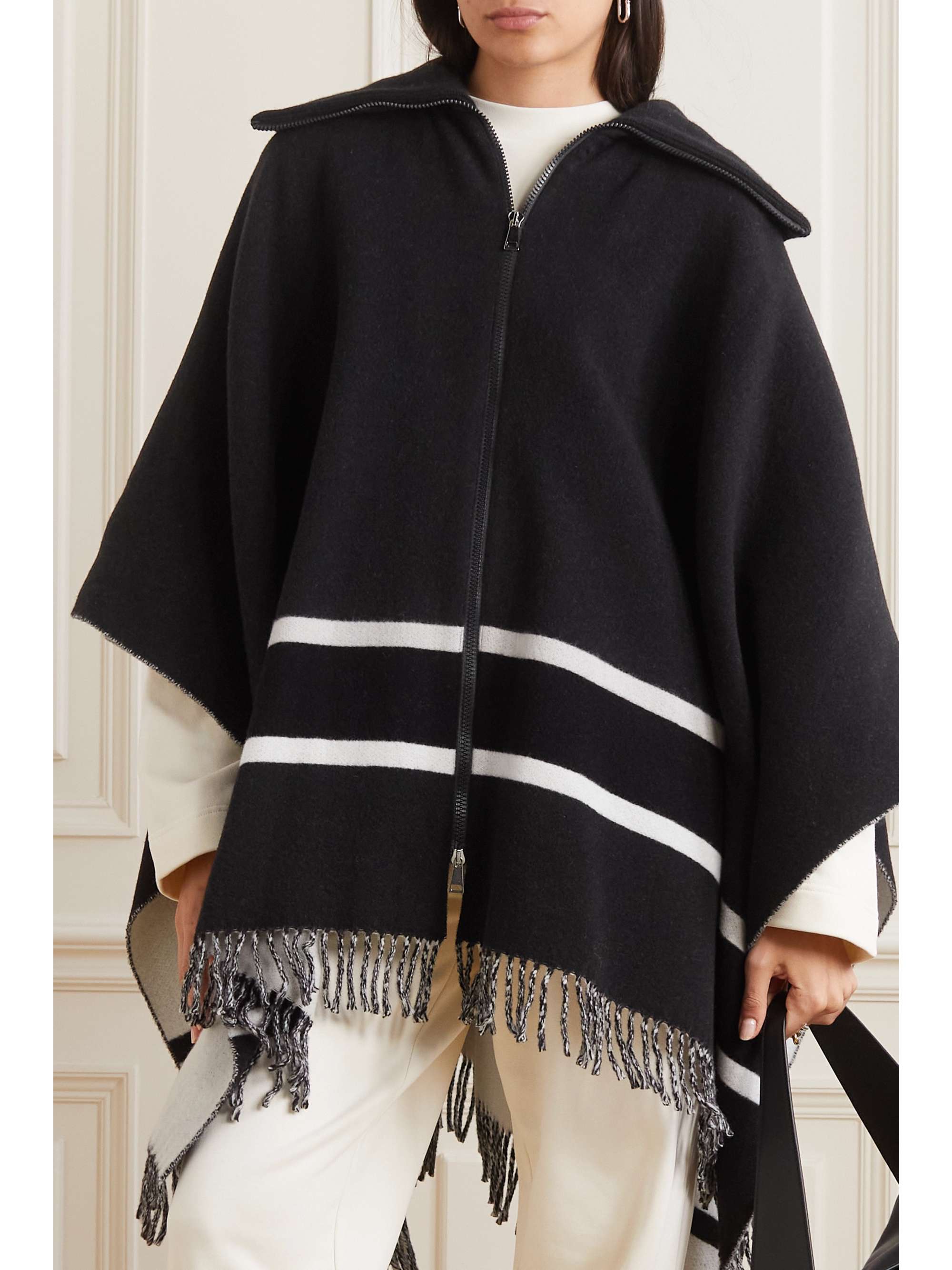 Fringed striped wool-blend jacquard poncho view