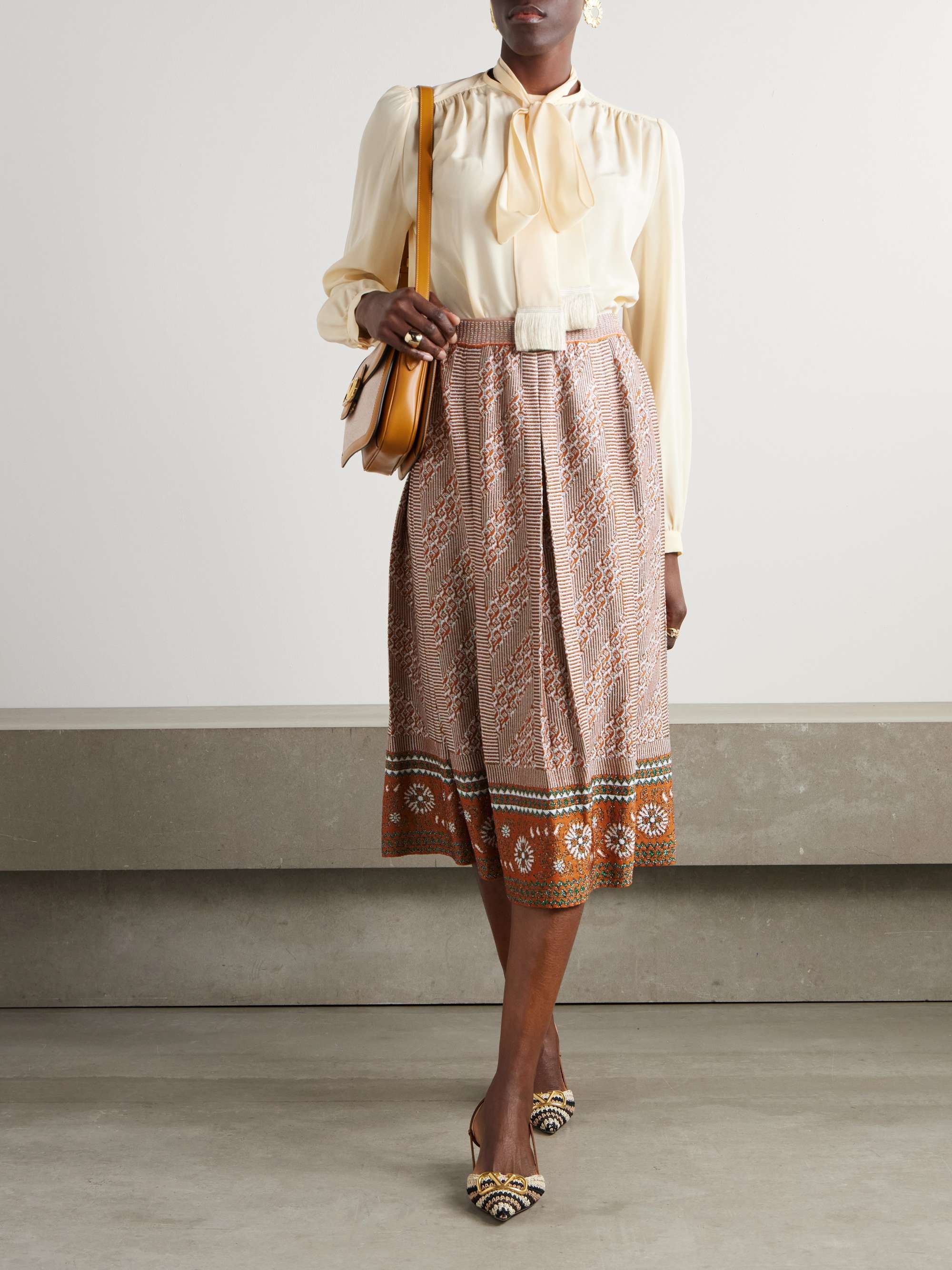 Pleated metallic intarsia-knit midi skirt view