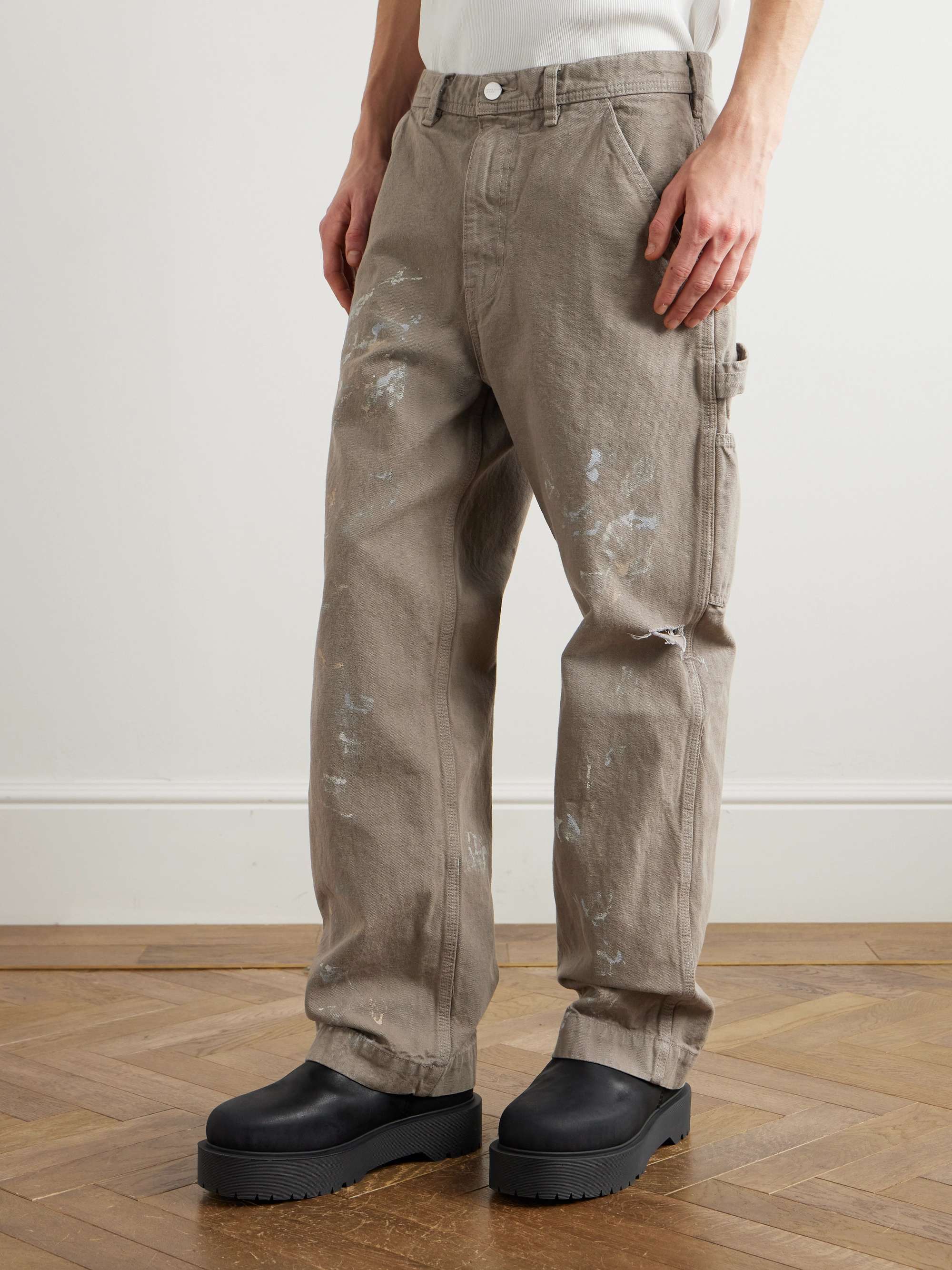 Double Knee Painter Wide-Leg Distressed Cotton-Canvas Trousers view