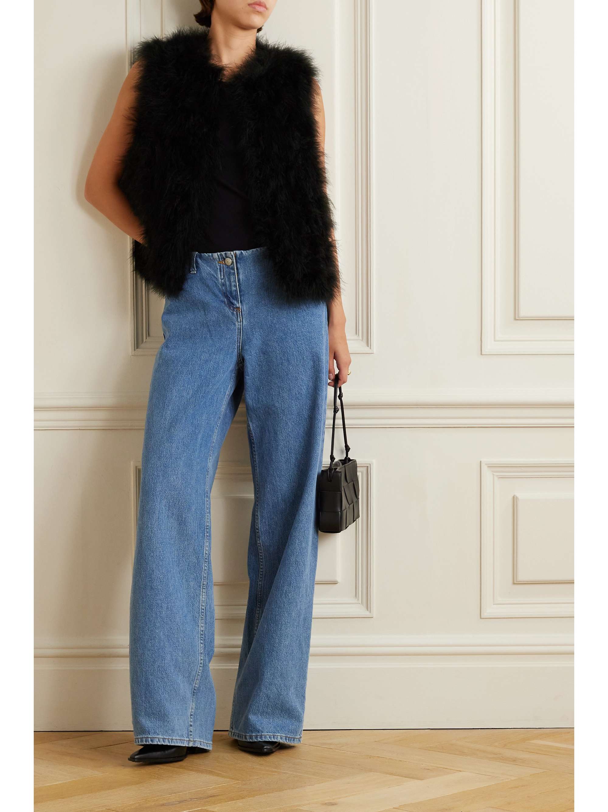 Feather-embellished silk-satin vest view