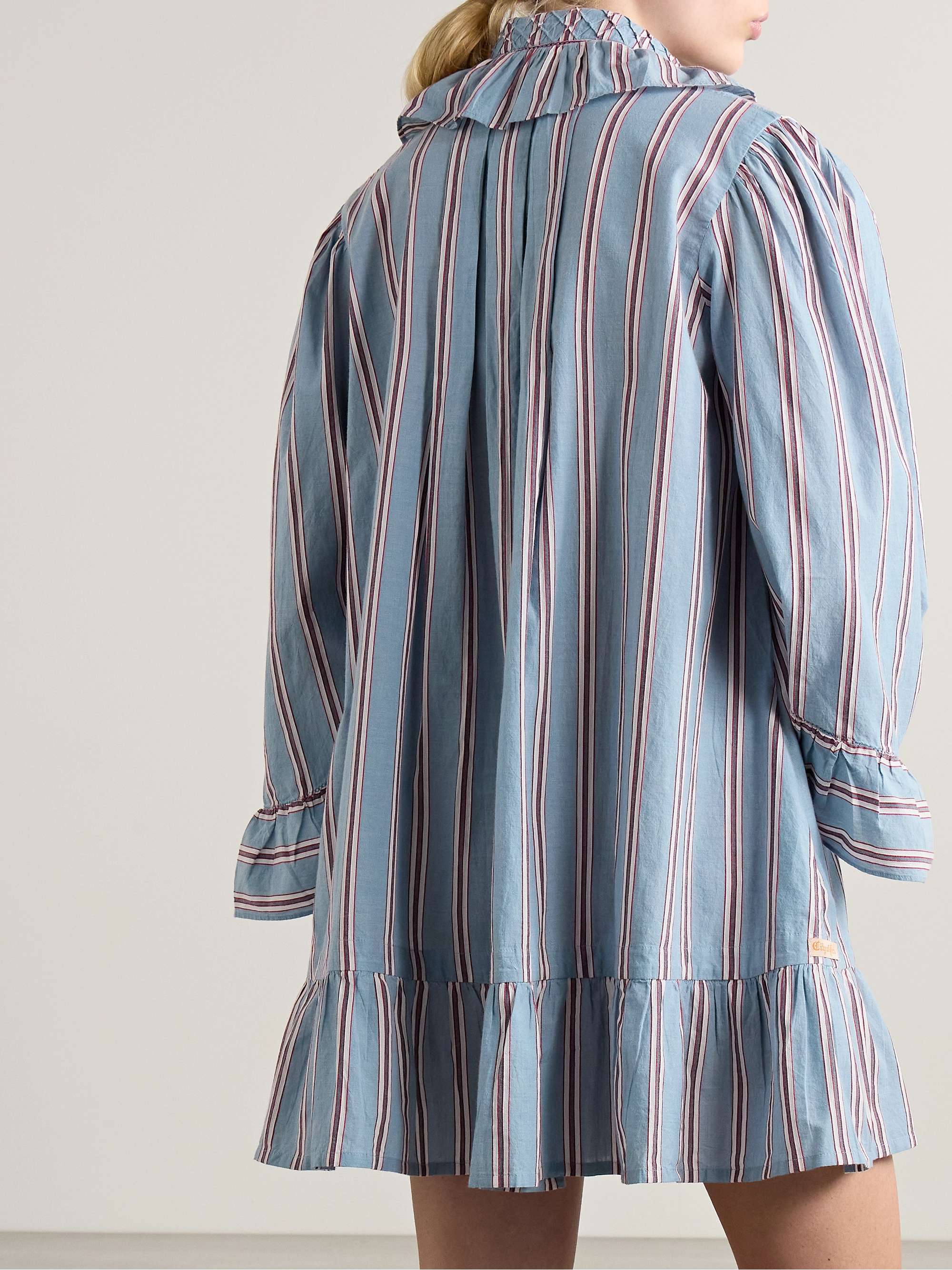 Ruffled embroidered striped cotton-voile mini shirt dress view