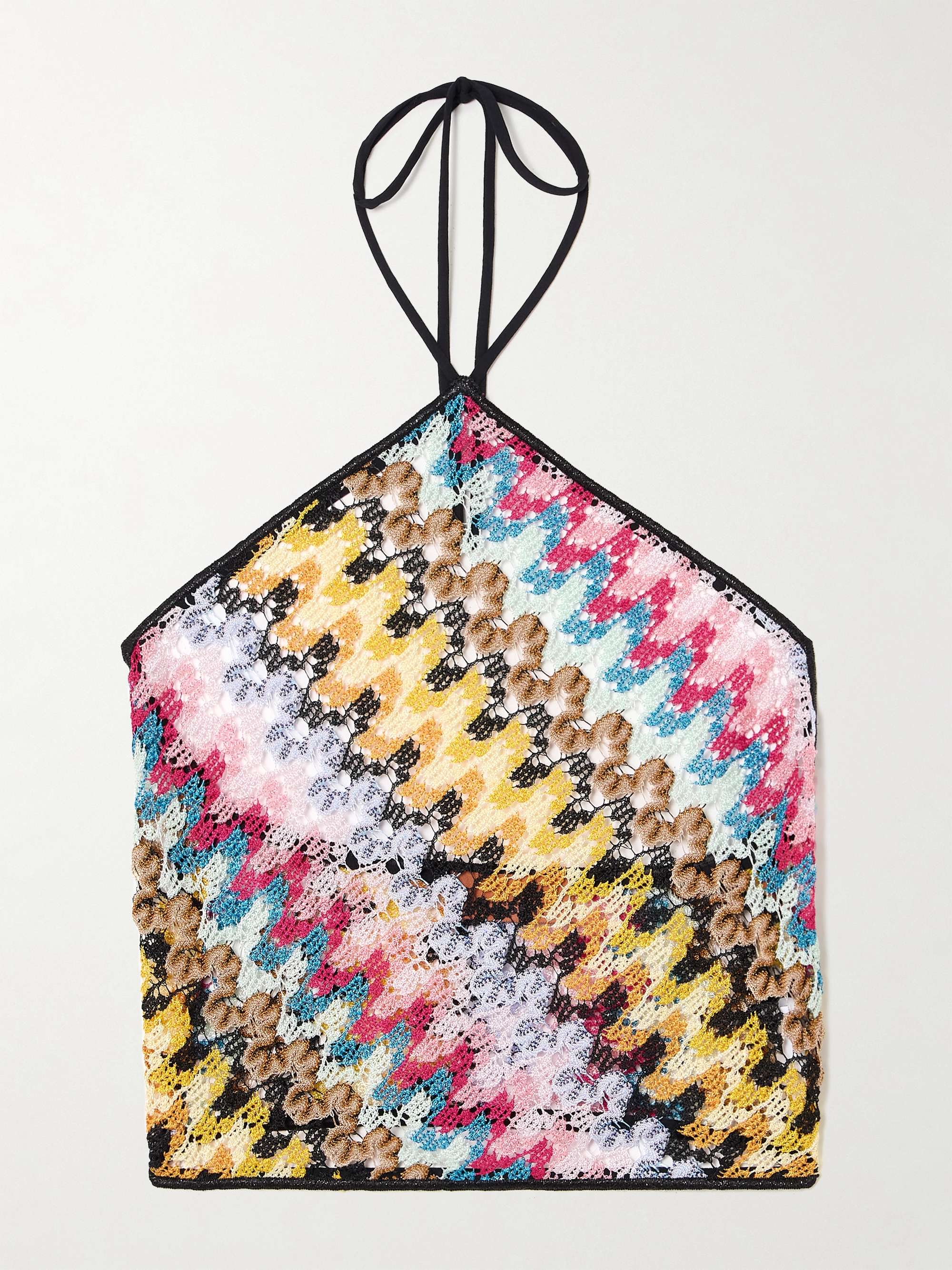 Cropped metallic crochet-knit halterneck top view