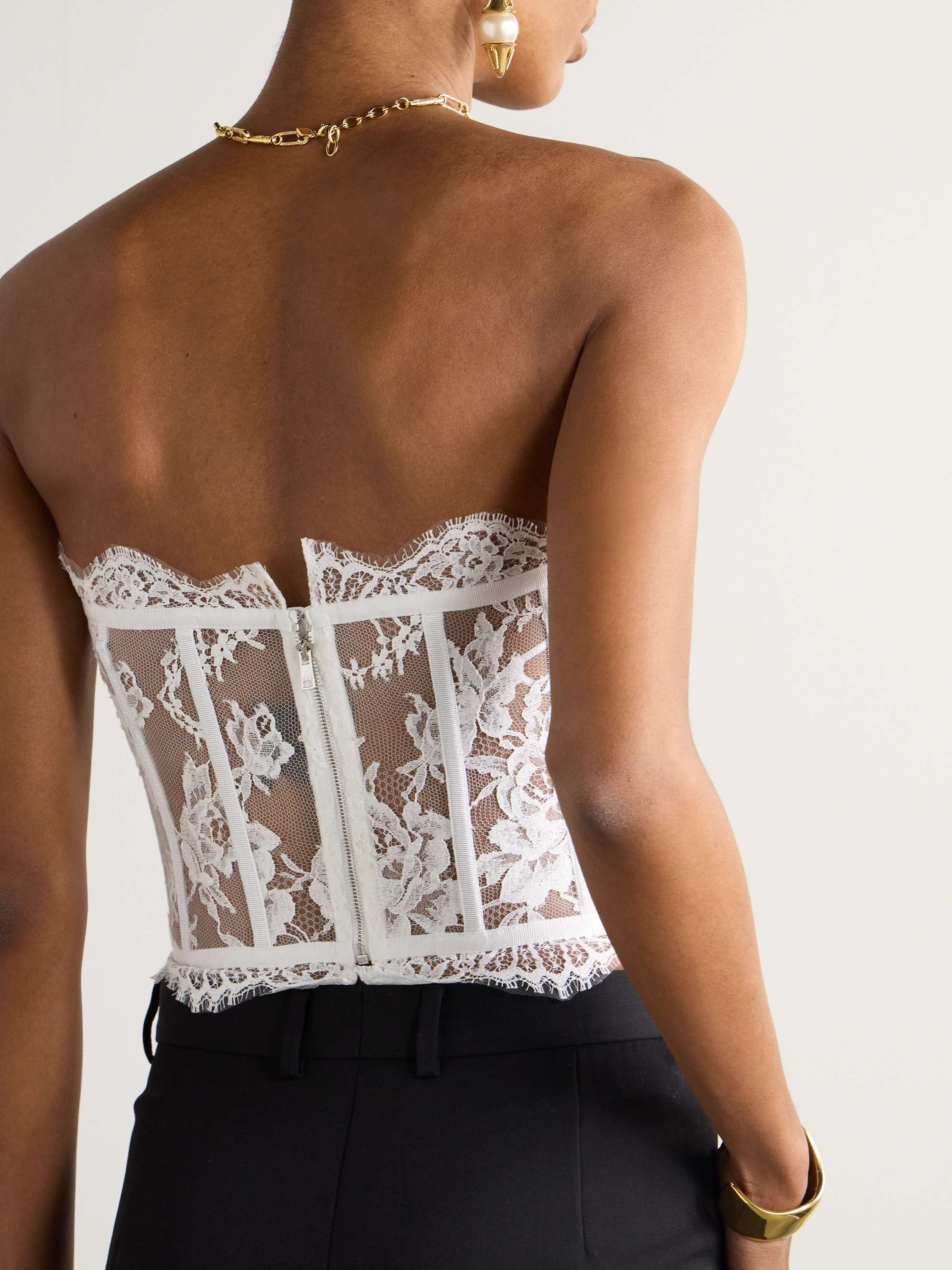 Grosgrain-trimmed lace bustier top view