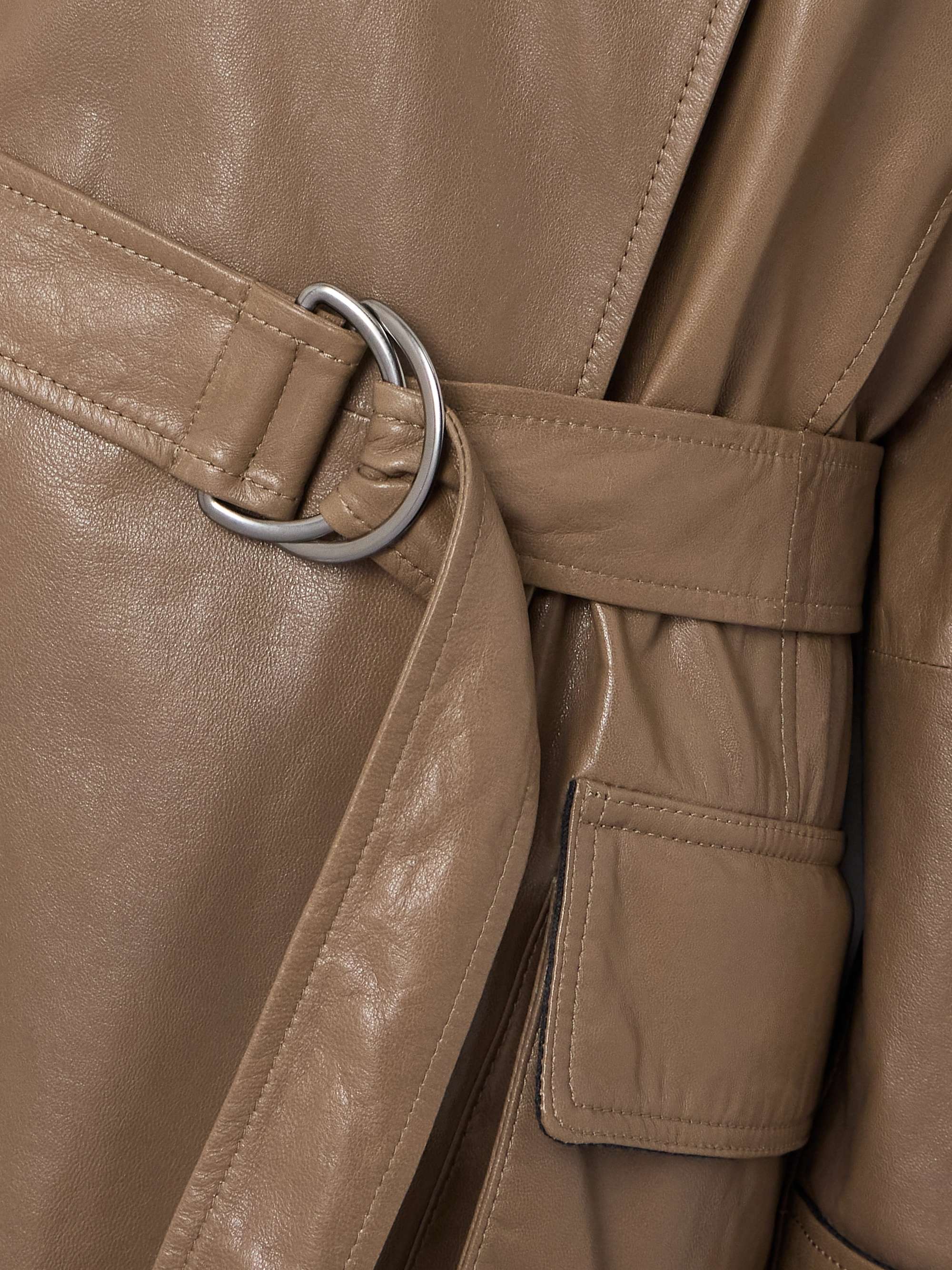Bead-embellished belted double-breasted leather trench coat view