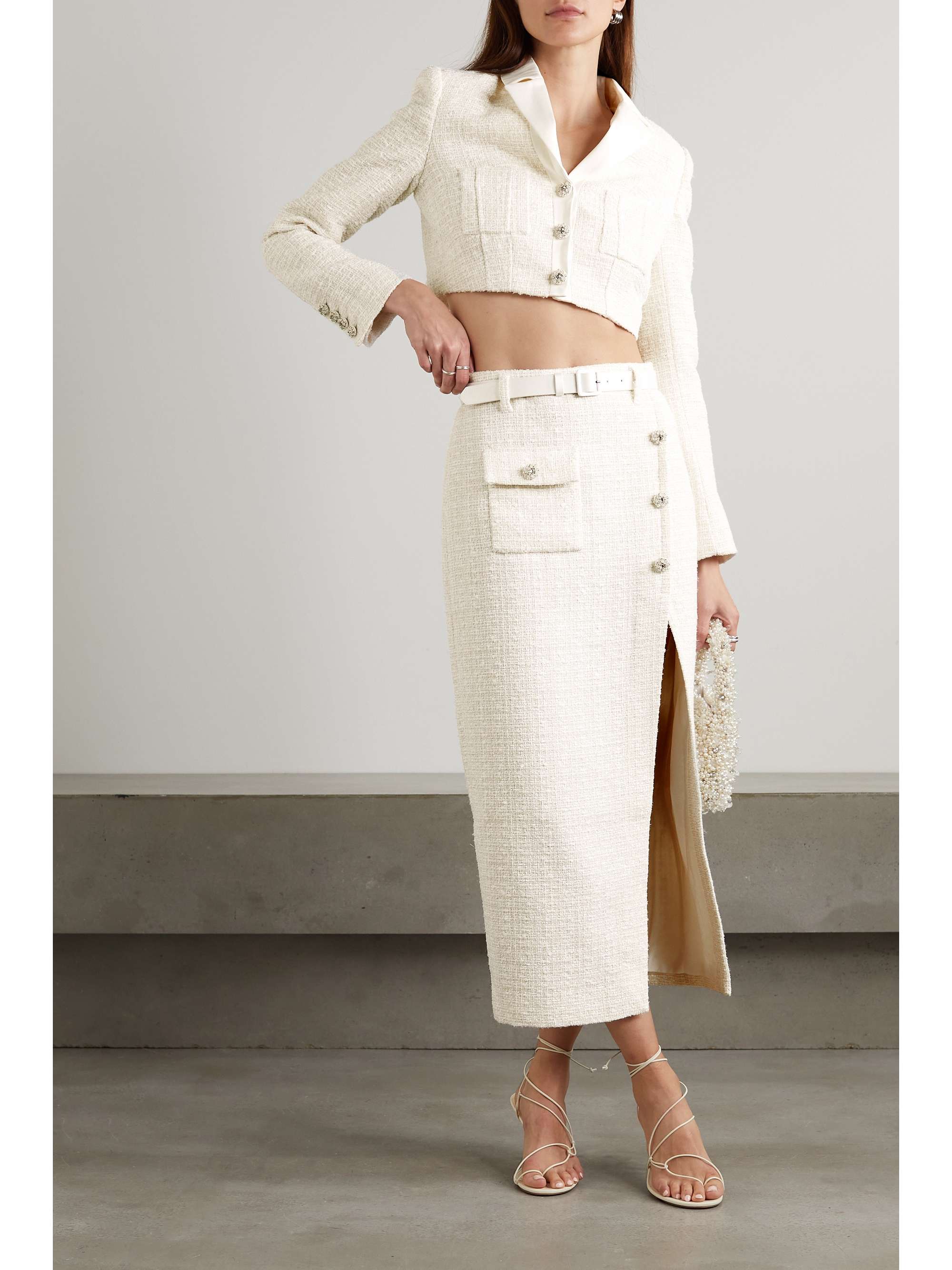Belted satin-trimmed metallic bouclé-tweed midi skirt view