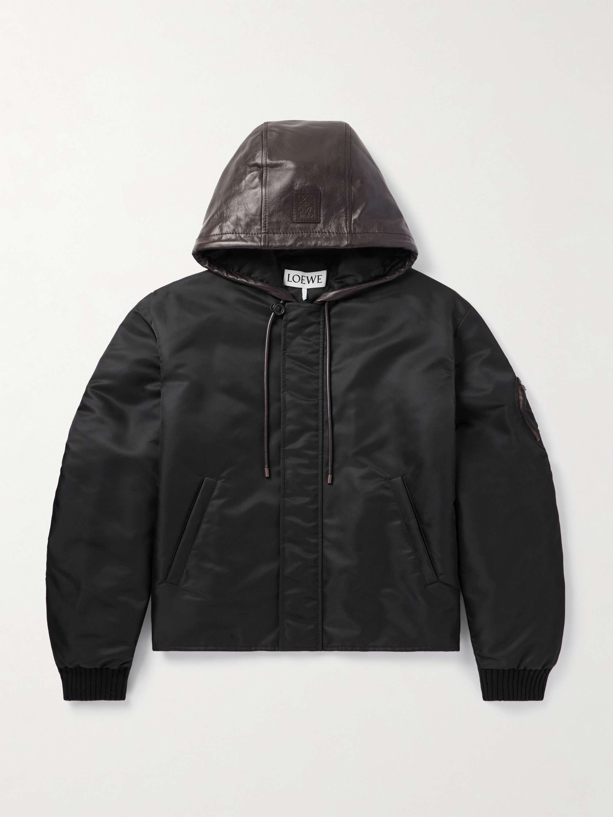 Leather-Trimmed Shell Hooded Bomber Jacket view