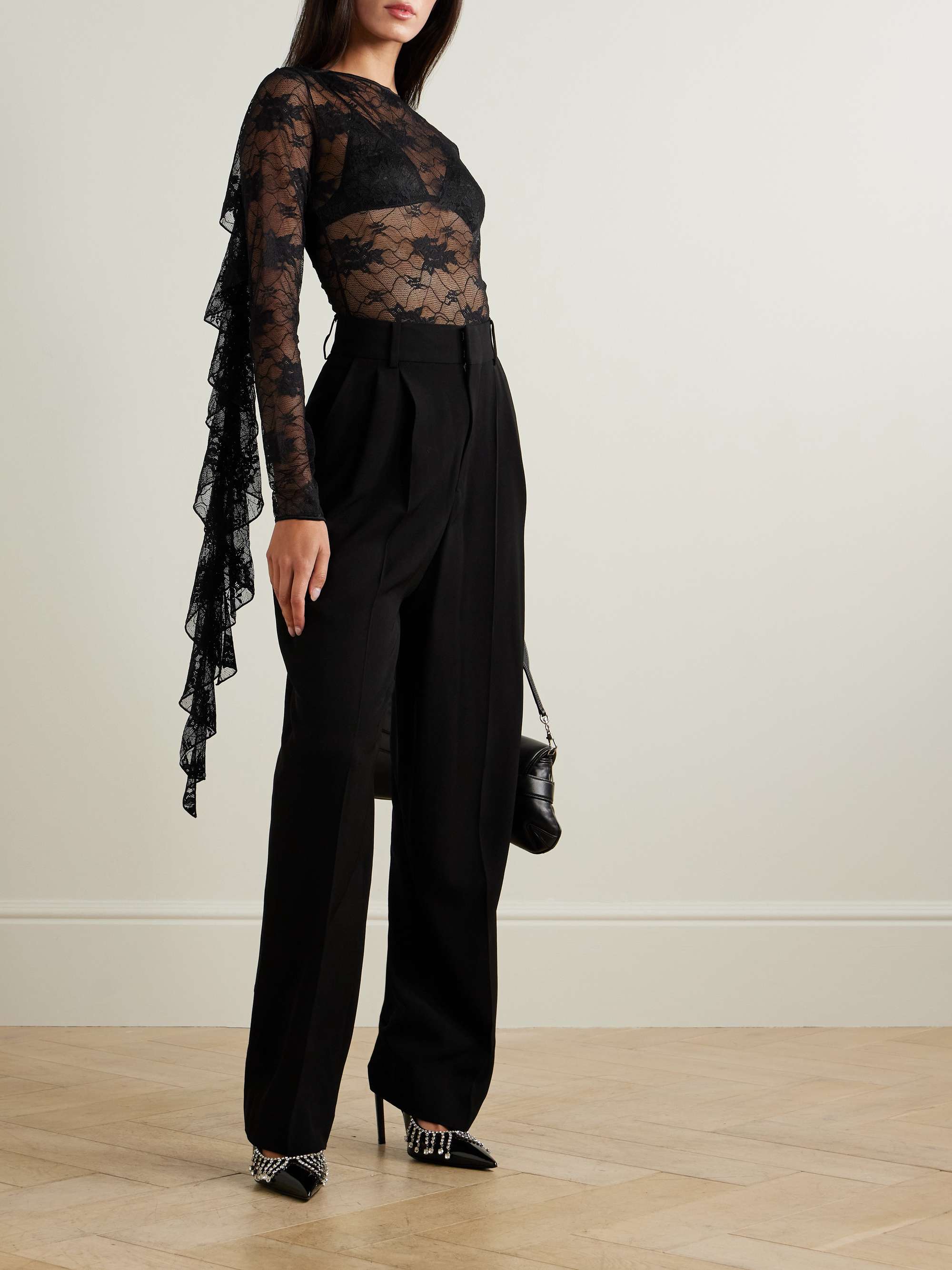 Ruffled stretch-lace bodysuit view