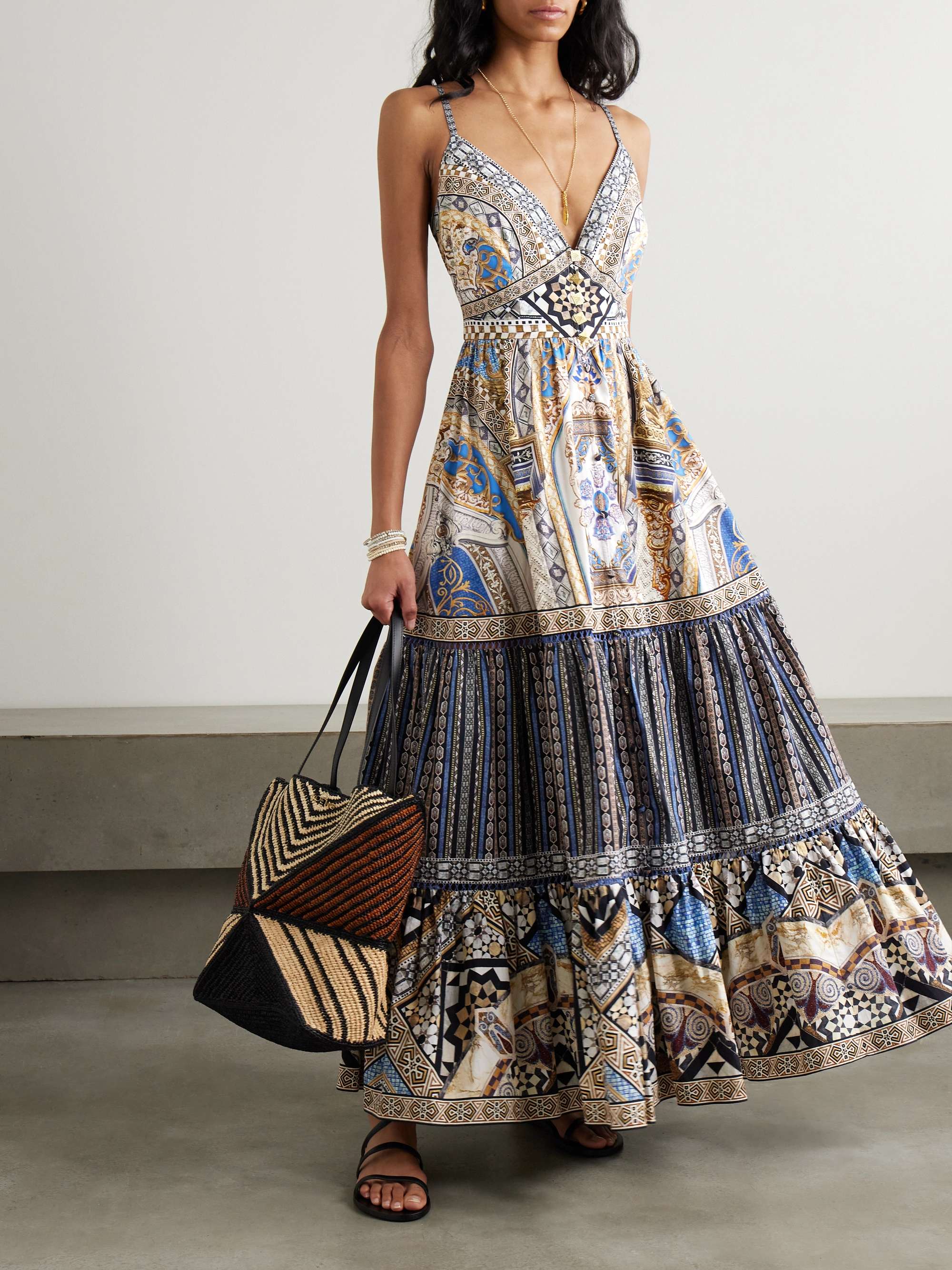 Crystal-embellished tiered shirred lace-trimmed cotton maxi dress view