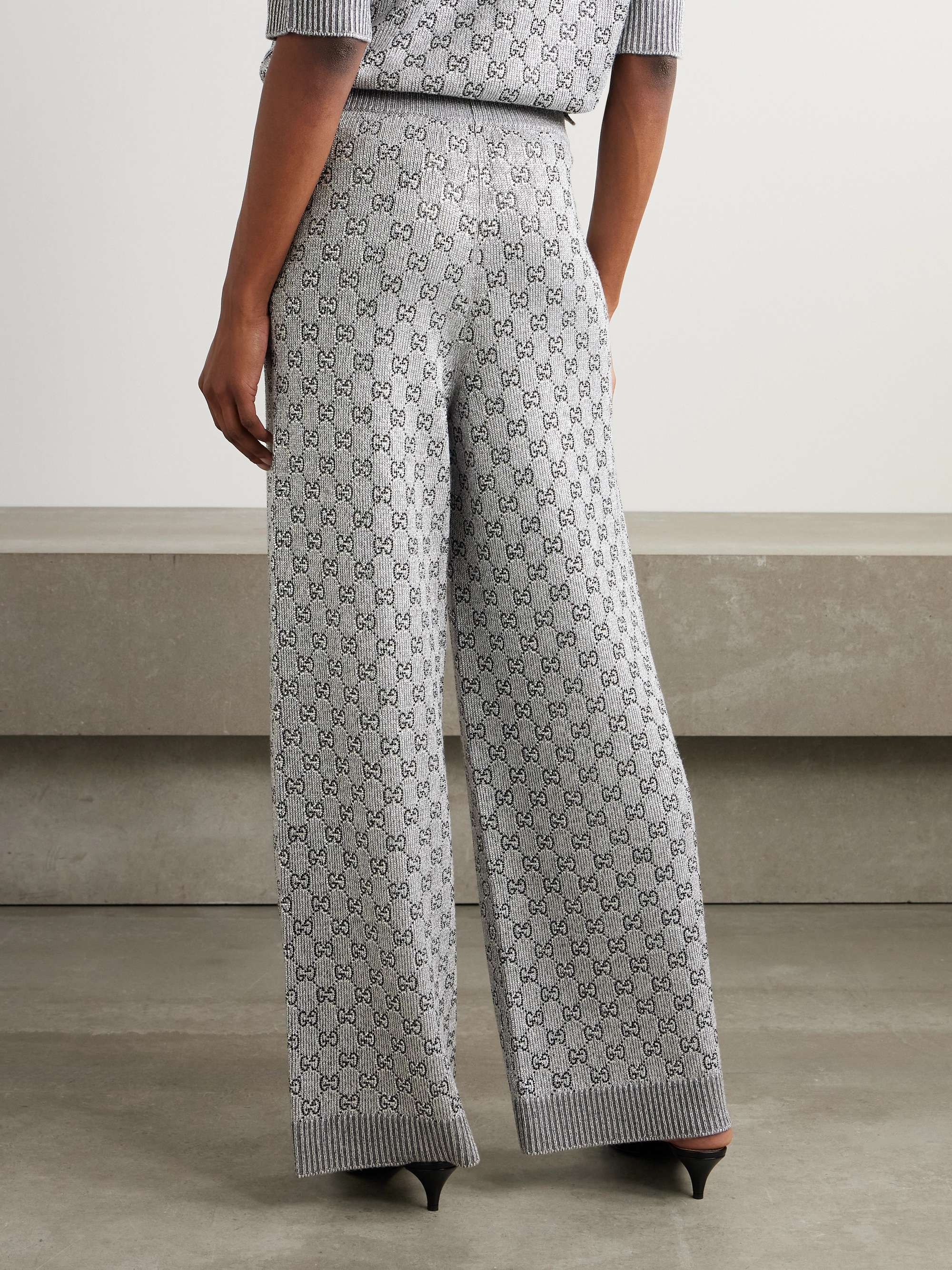 Crystal-embellished metallic wool-blend wide-leg pants view