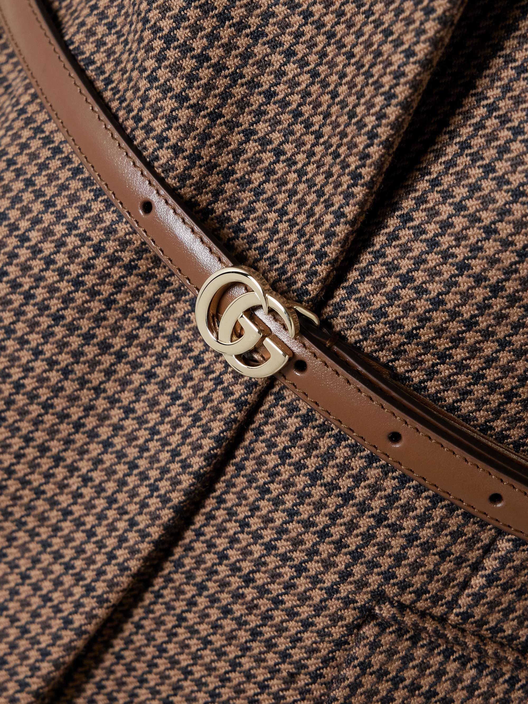 Leather-trimmed belted houndstooth wool blazer view