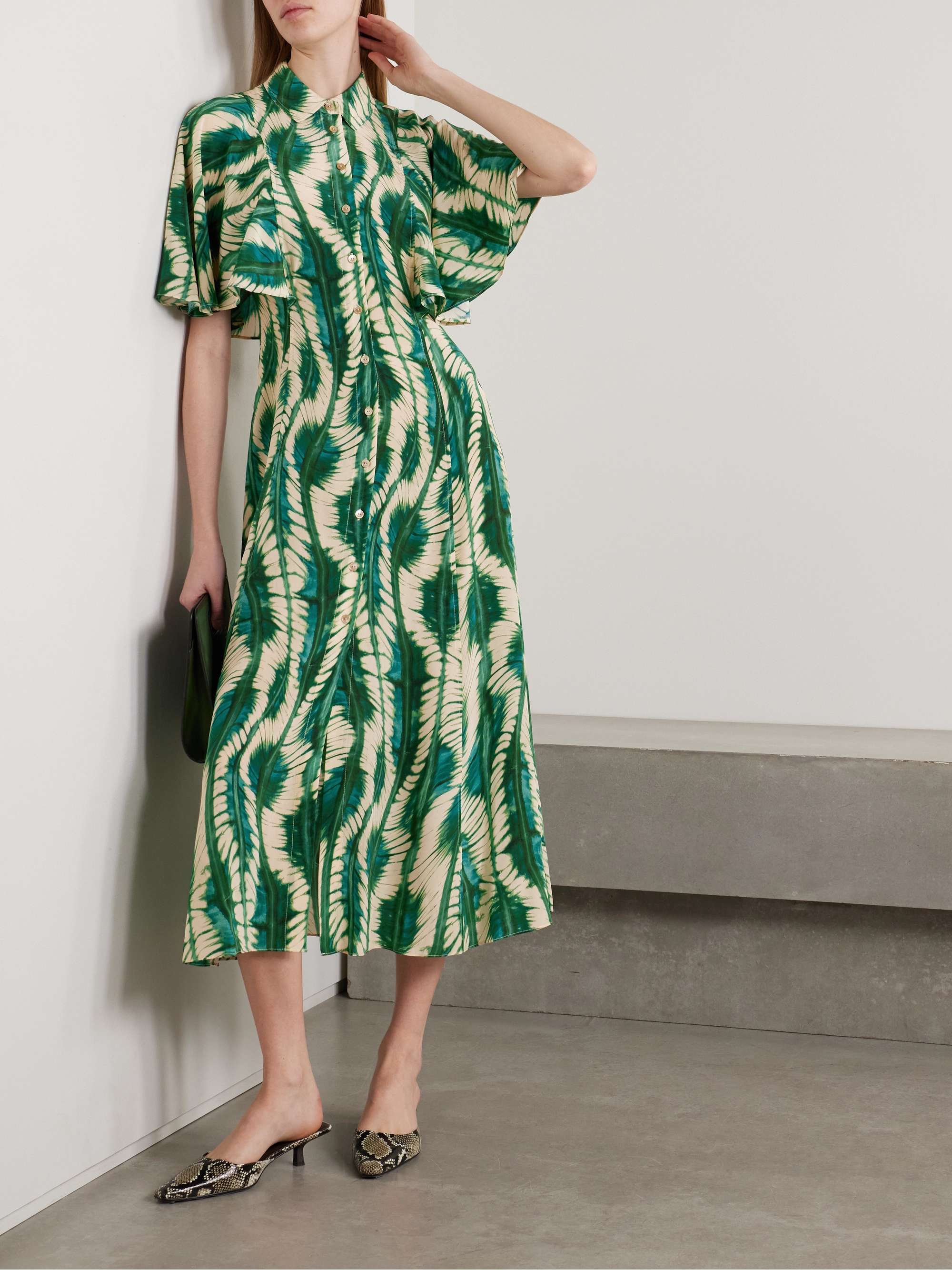 Silhouette printed silk crepe de chine midi shirt dress view