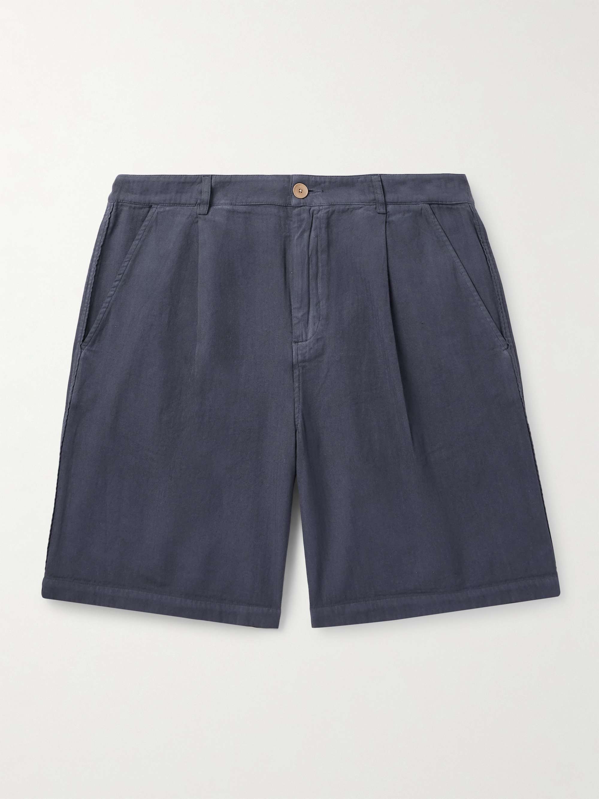 Wide-Leg Pleated Garment-Dyed Herringbone Cotton Shorts view
