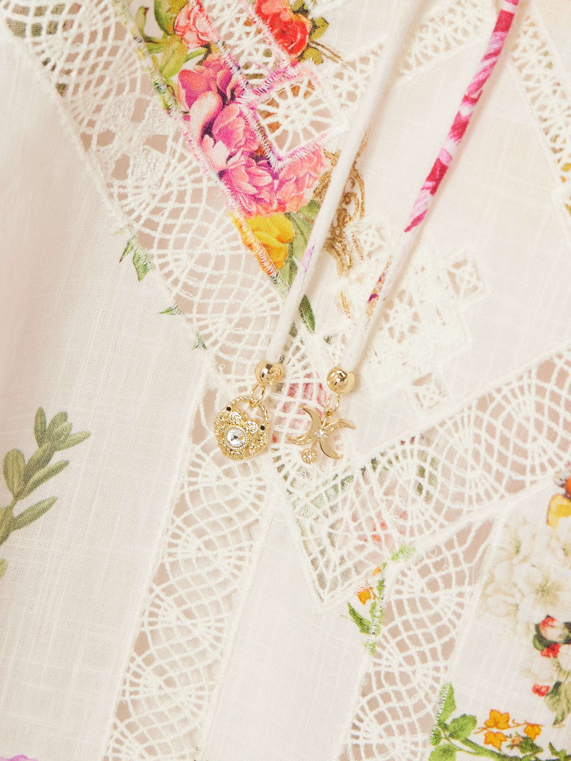 Tie-detailed embellished guipure lace-trimmed floral-print cotton-voile blouse view