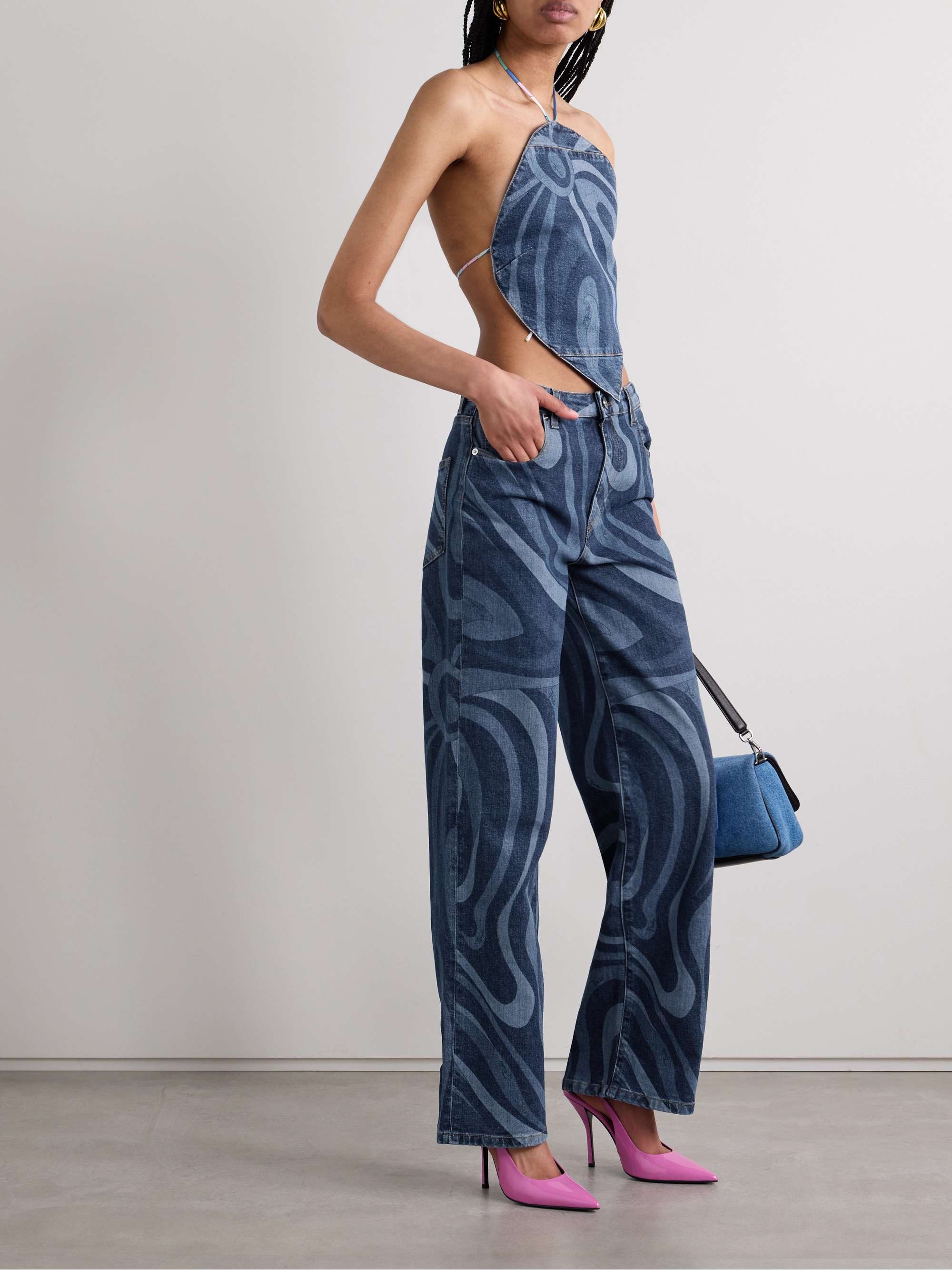 Cropped printed denim halterneck top view