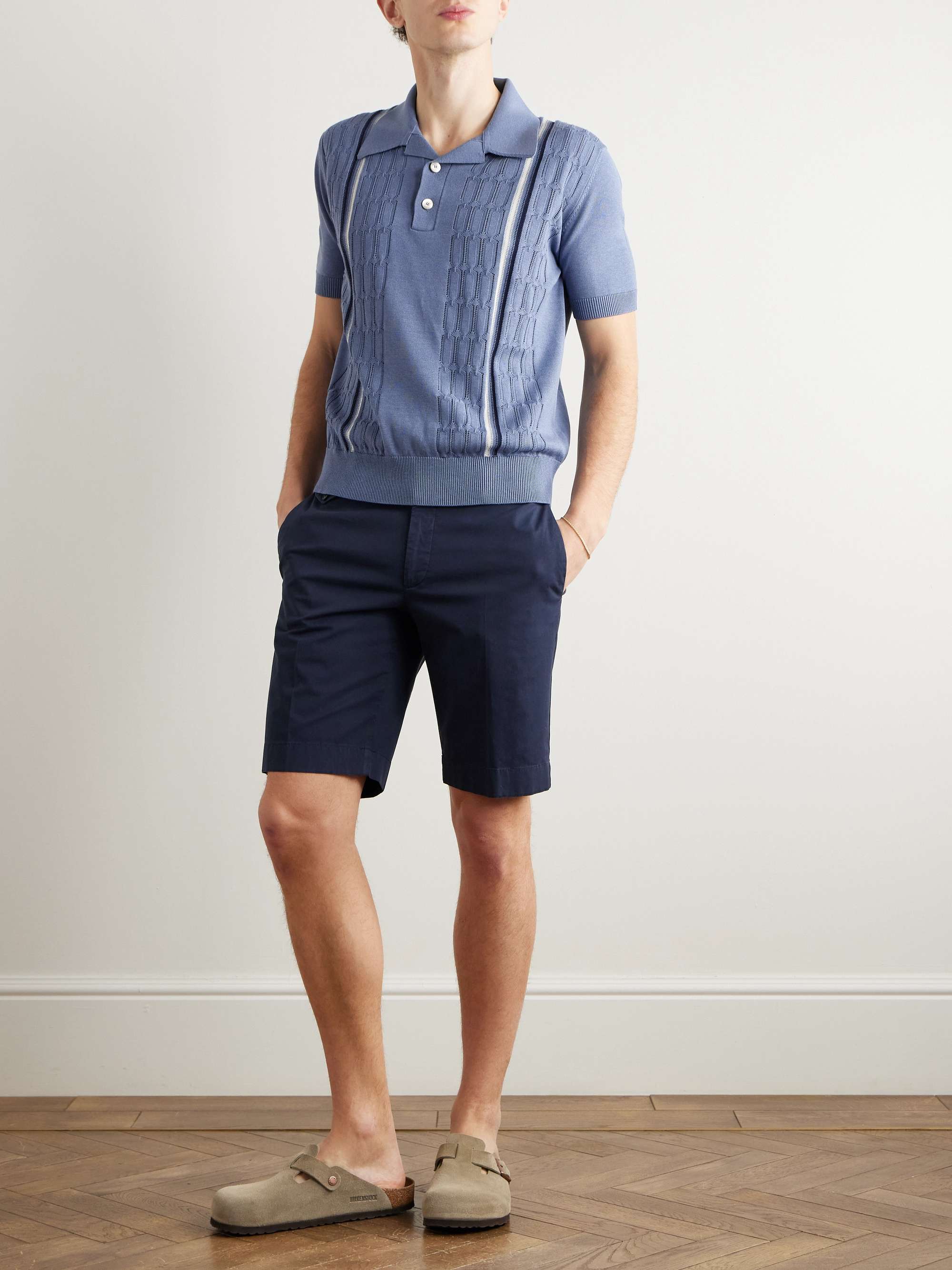 Slim-Fit Striped Pointelle-Knit Silk and Cotton-Blend Polo Shirt view