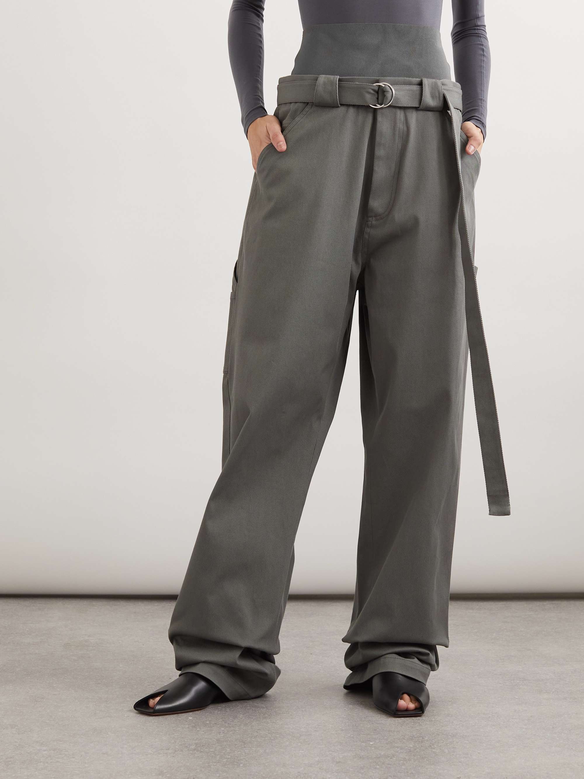 Belted jersey-paneled cotton-blend twill pants view