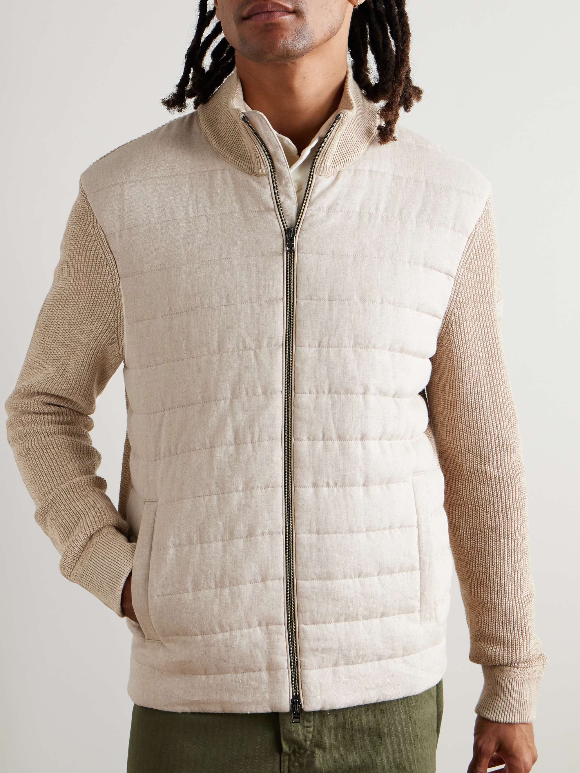 Ribbed-Knit and Quilted Linen Zip-Up Cardigan view
