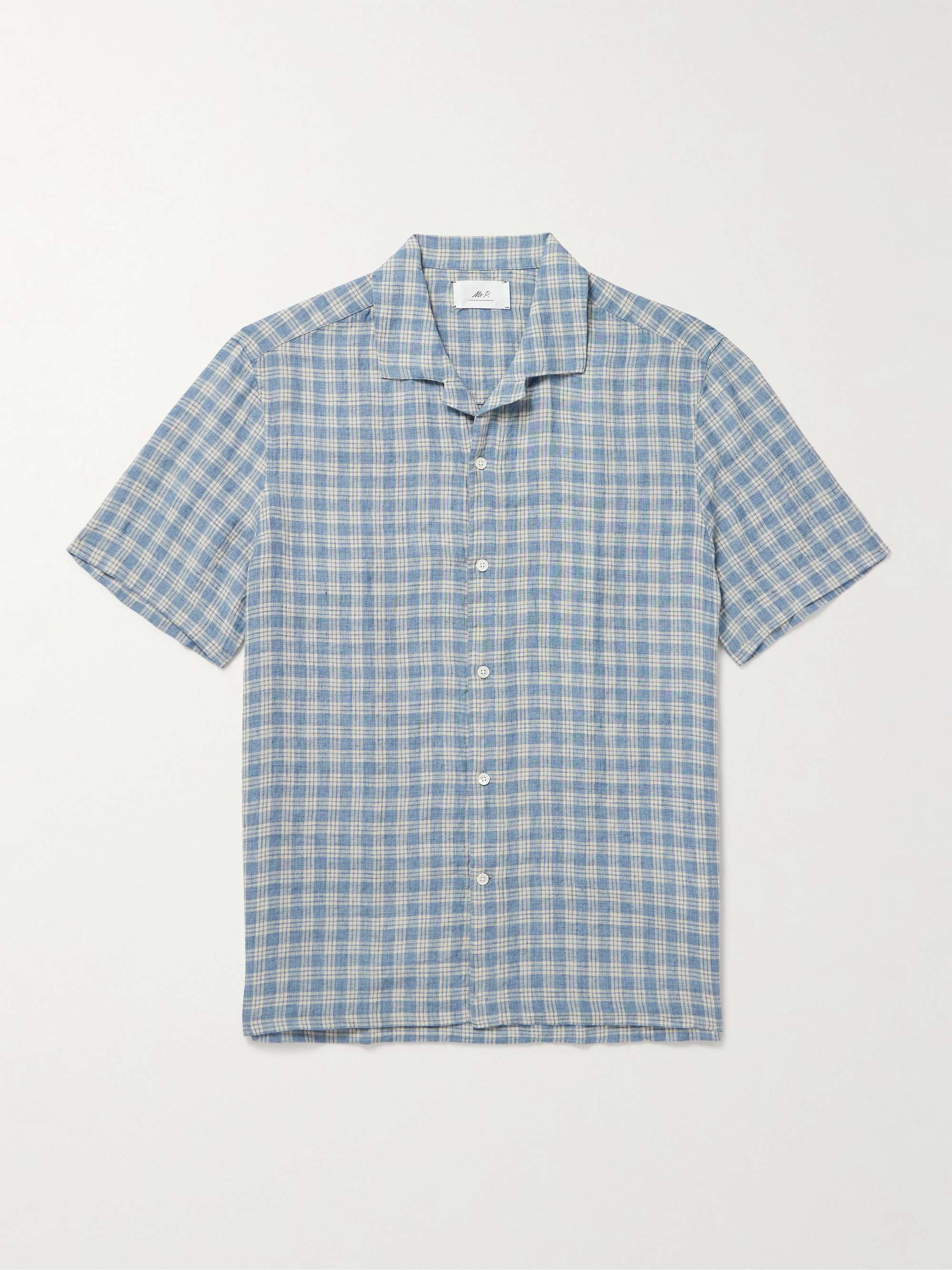 Camp-Collar Checked Crinkled-Linen Shirt view