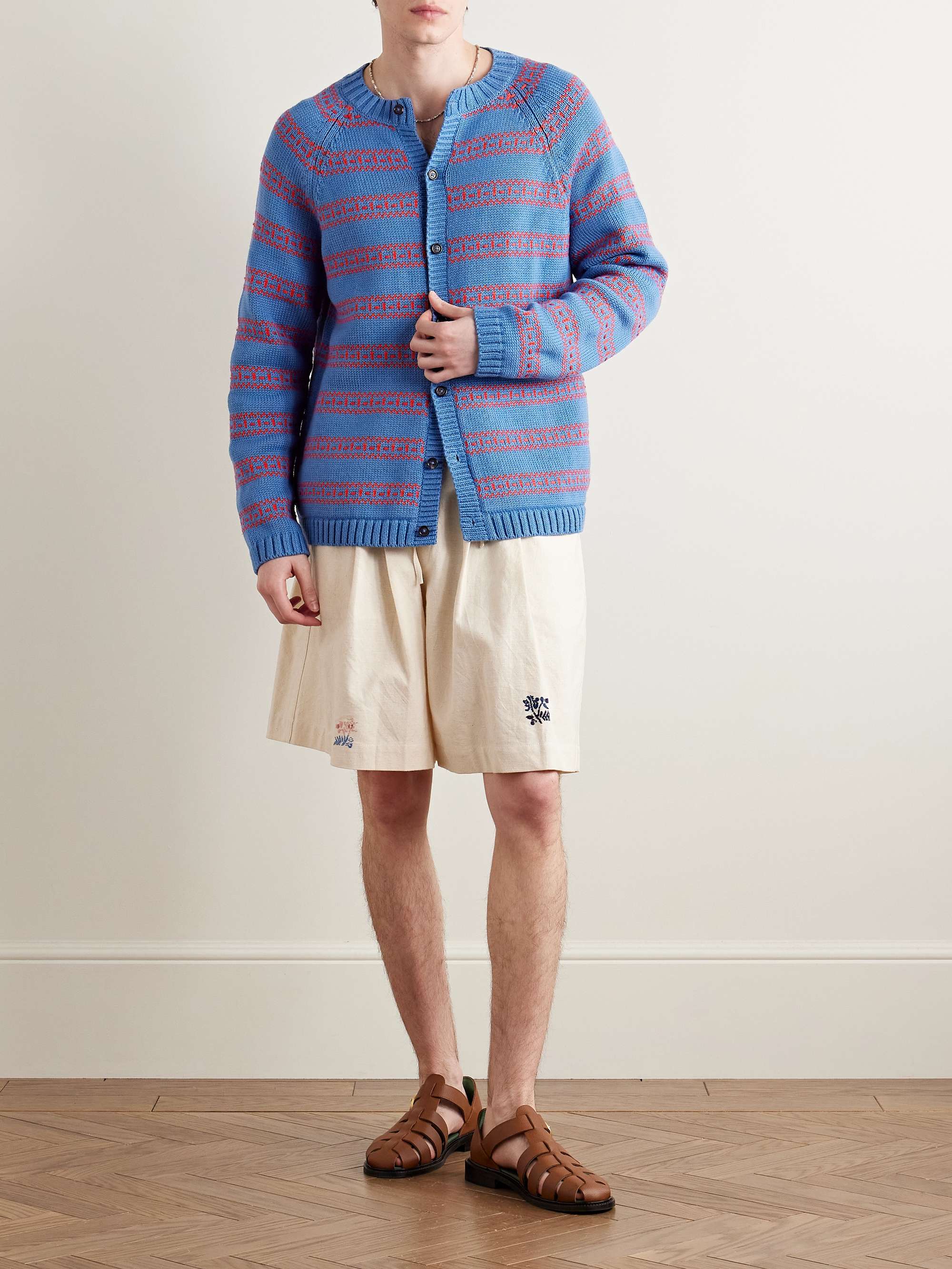 Meandering Striped Jacquard-Knit Pima Cotton and Merino Wool-Blend Cardigan view