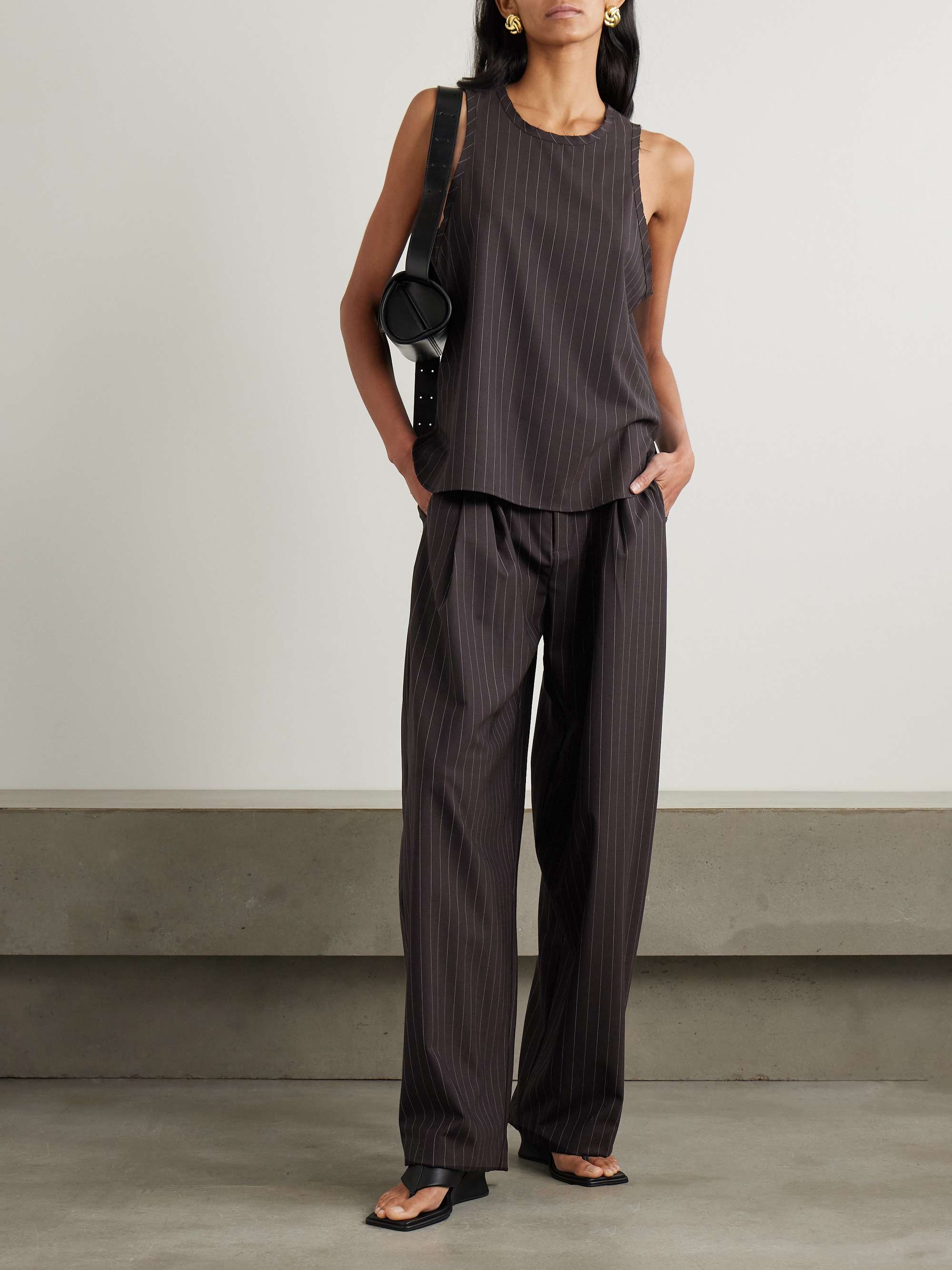 Distressed pinstriped wool-blend tank view