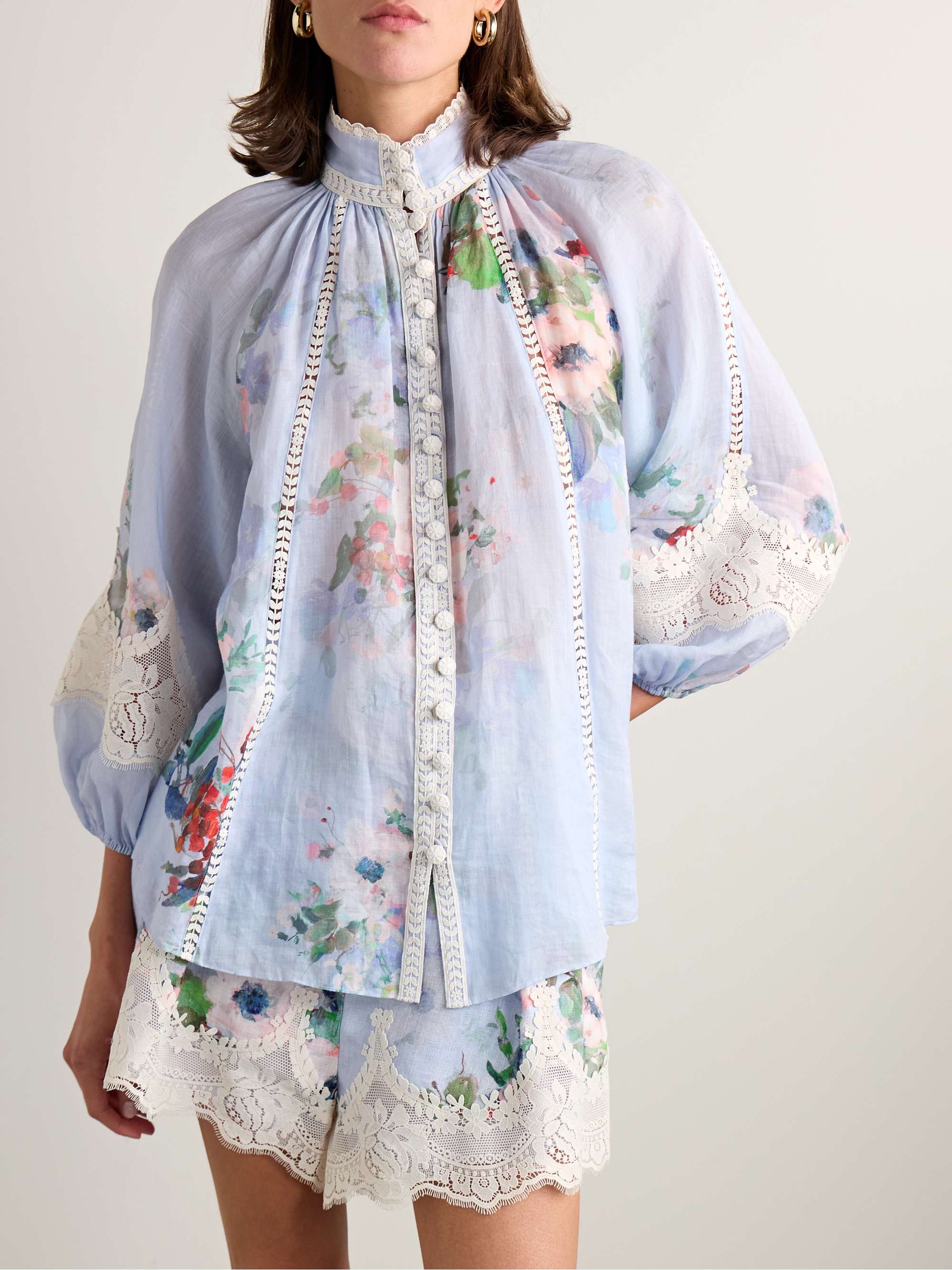 Everley lace-trimmed floral-print ramie shirt view