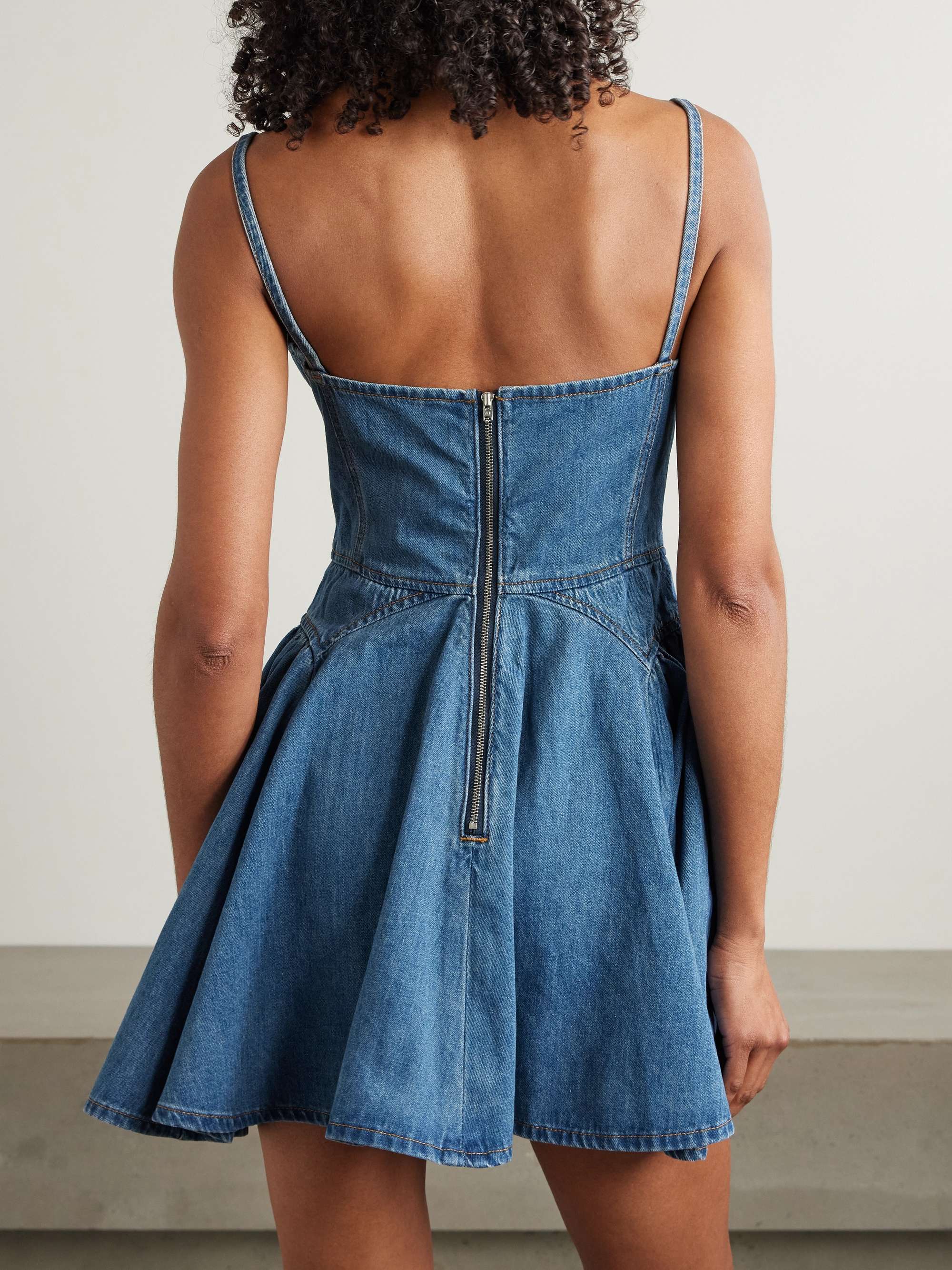 Embellished paneled denim mini dress view
