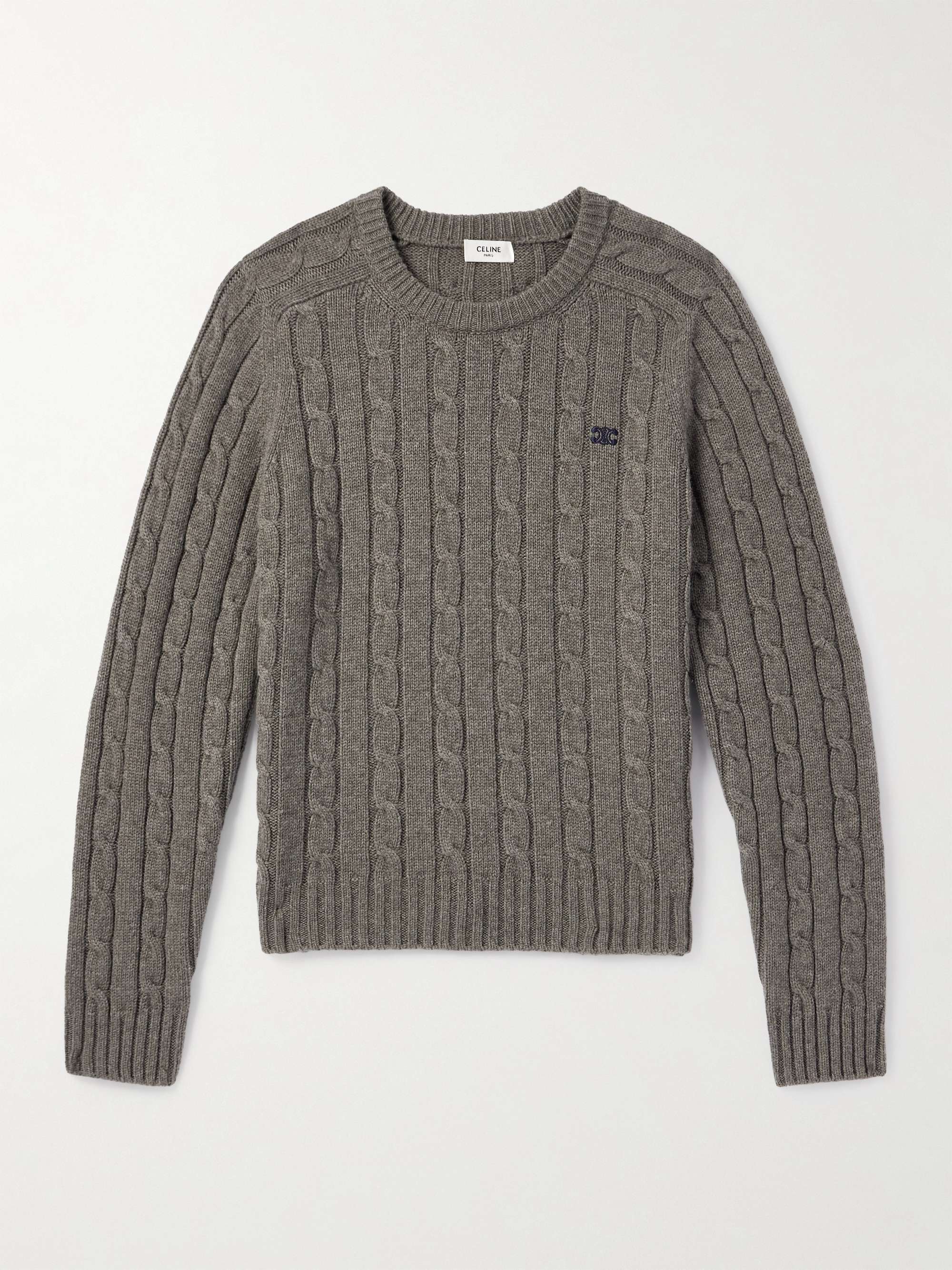 Logo-Embroidered Suede-Trimmed Cable-Knit Cashmere Sweater view
