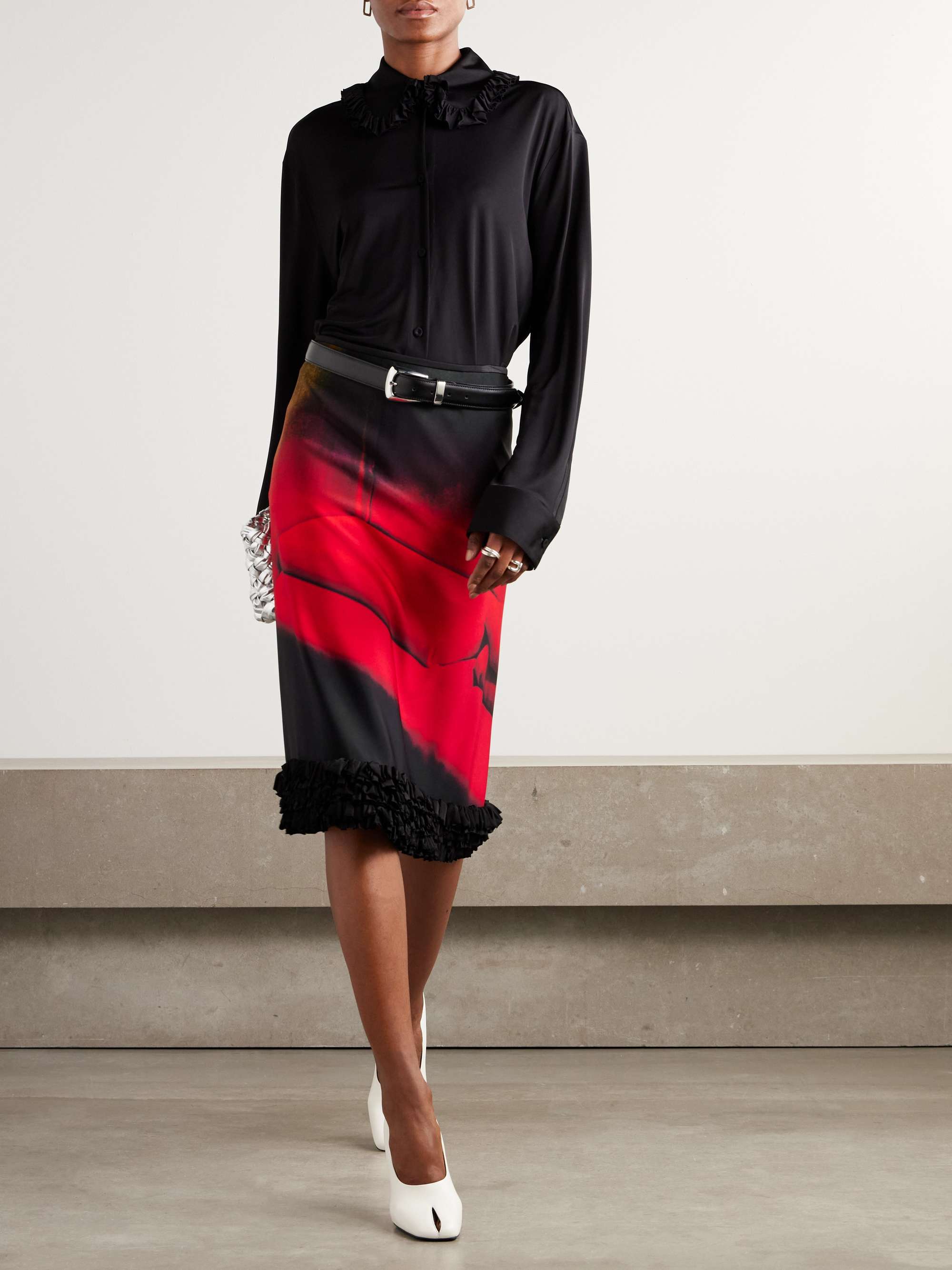 Ruffled printed satin midi skirt view