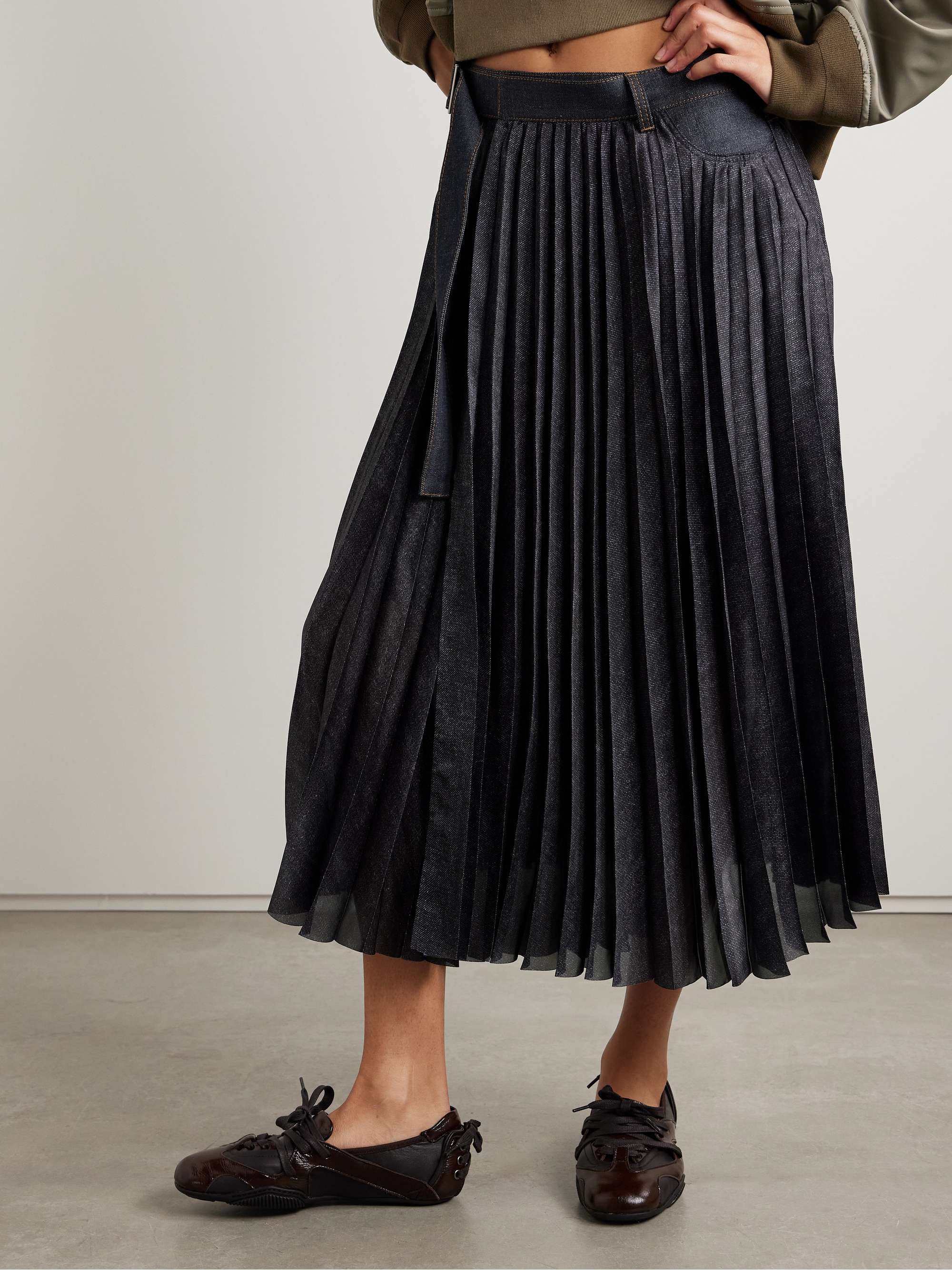 Denim-trimmed pleated printed crepe de chine midi wrap skirt view