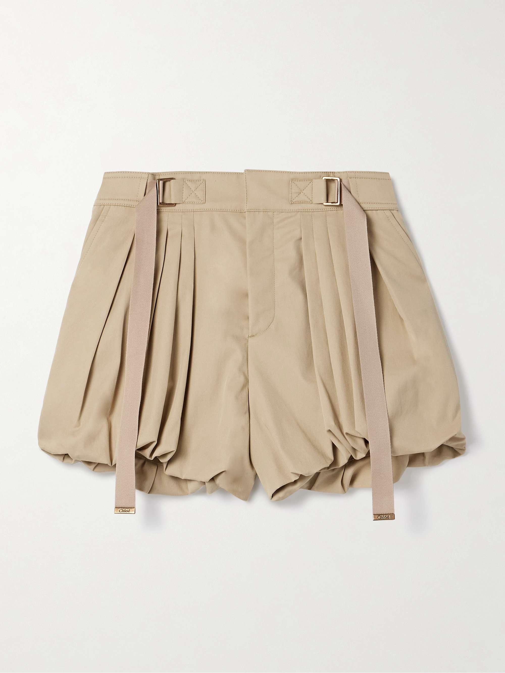 Embroidered buckled pleated cotton-poplin shorts view
