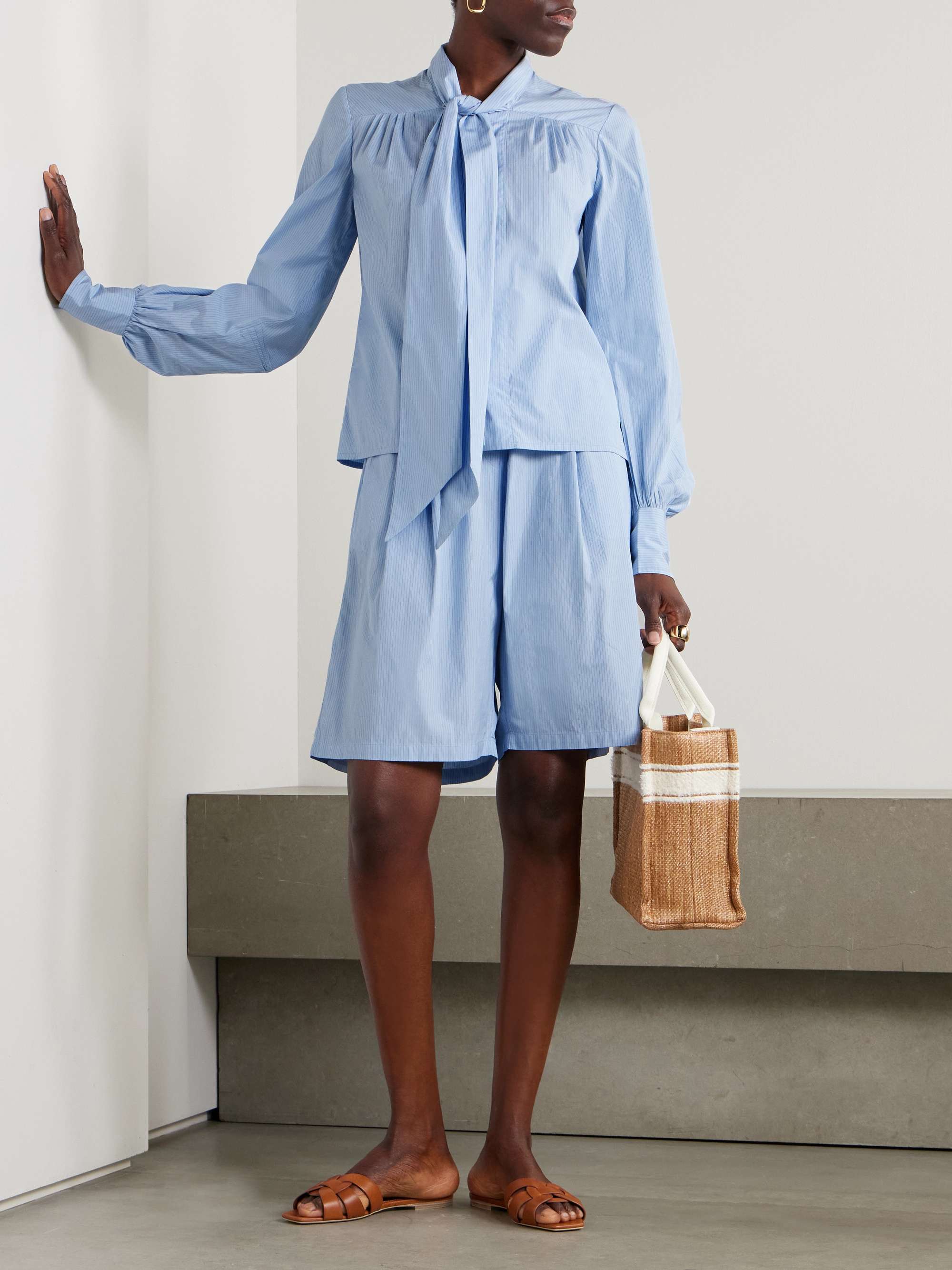 Striped pleated cotton-poplin shorts view