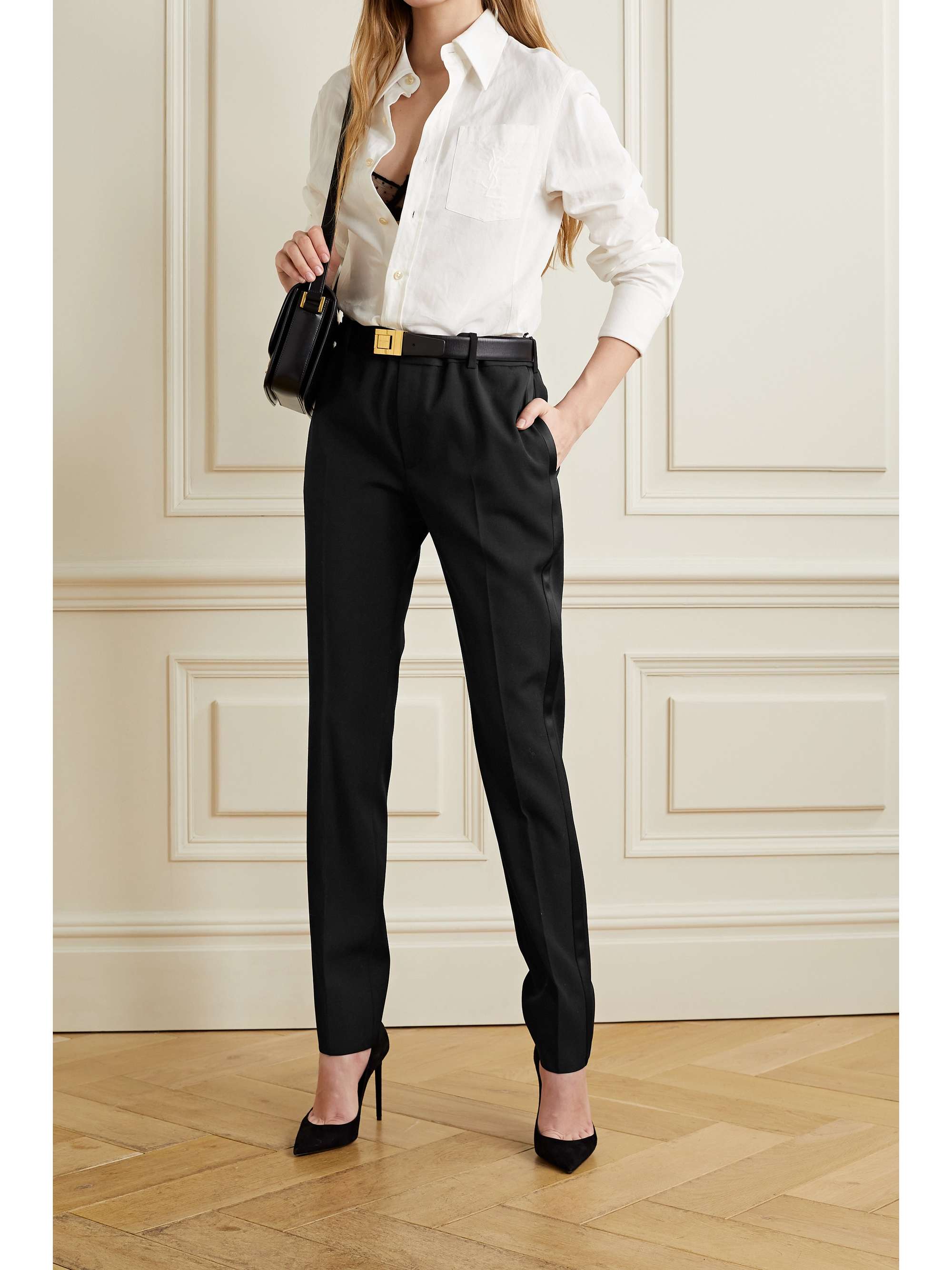 Satin-trimmed grain de poudre wool straight-leg pants view