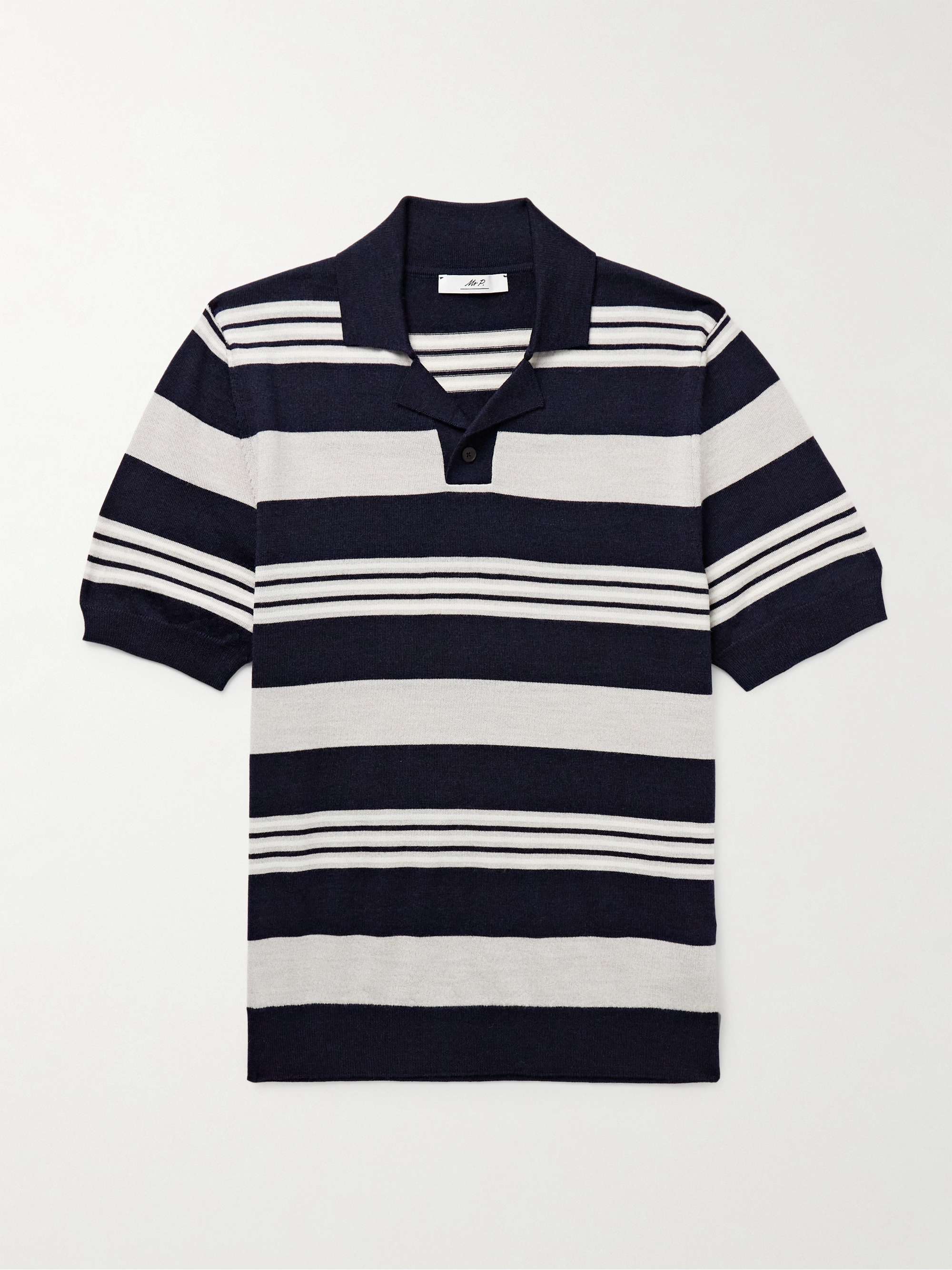 Camp-Collar Striped Merino Wool Polo Shirt view