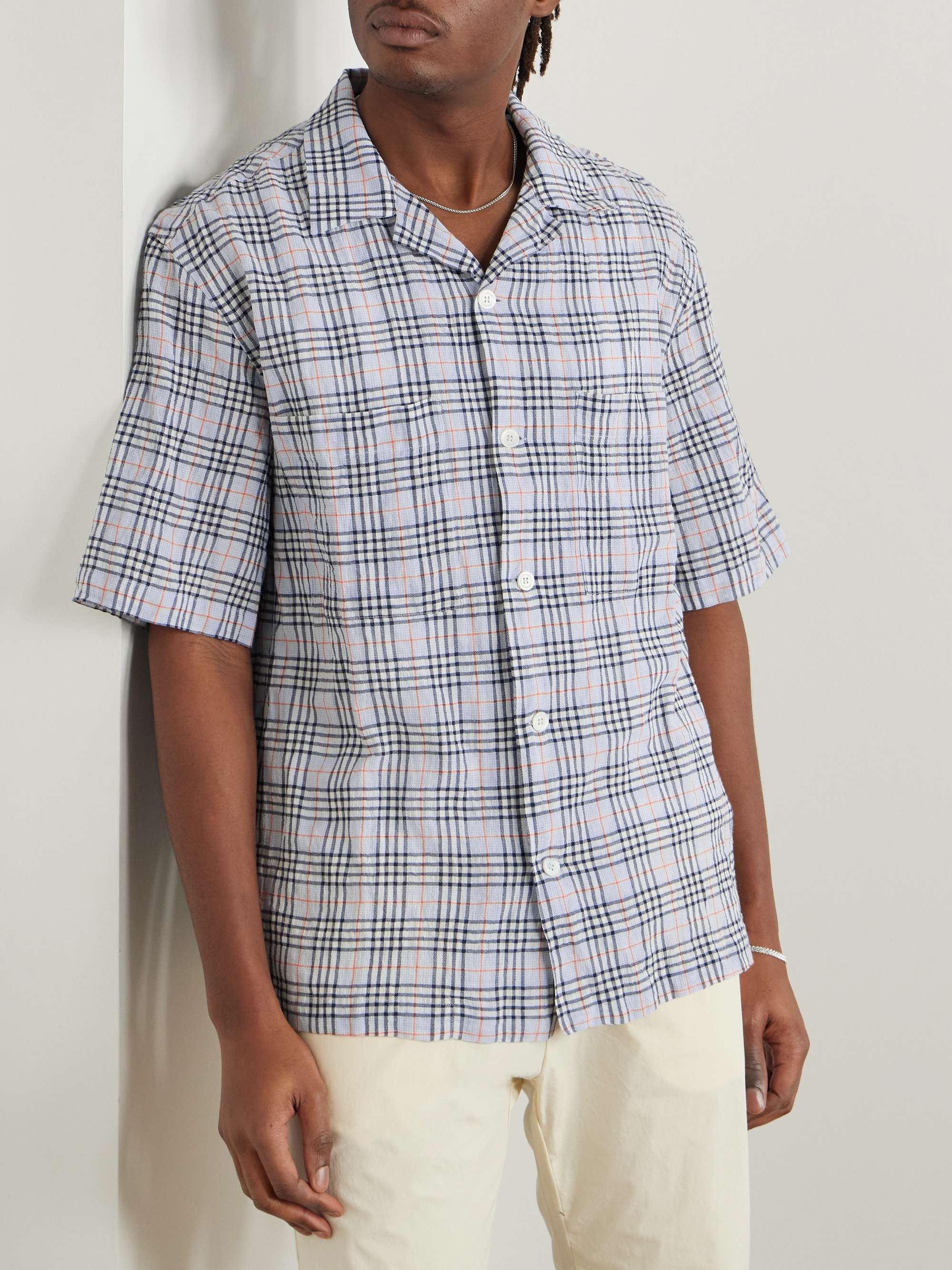 Solana Camp-Collar Checked Cotton and Wool-Blend Seersucker Shirt view