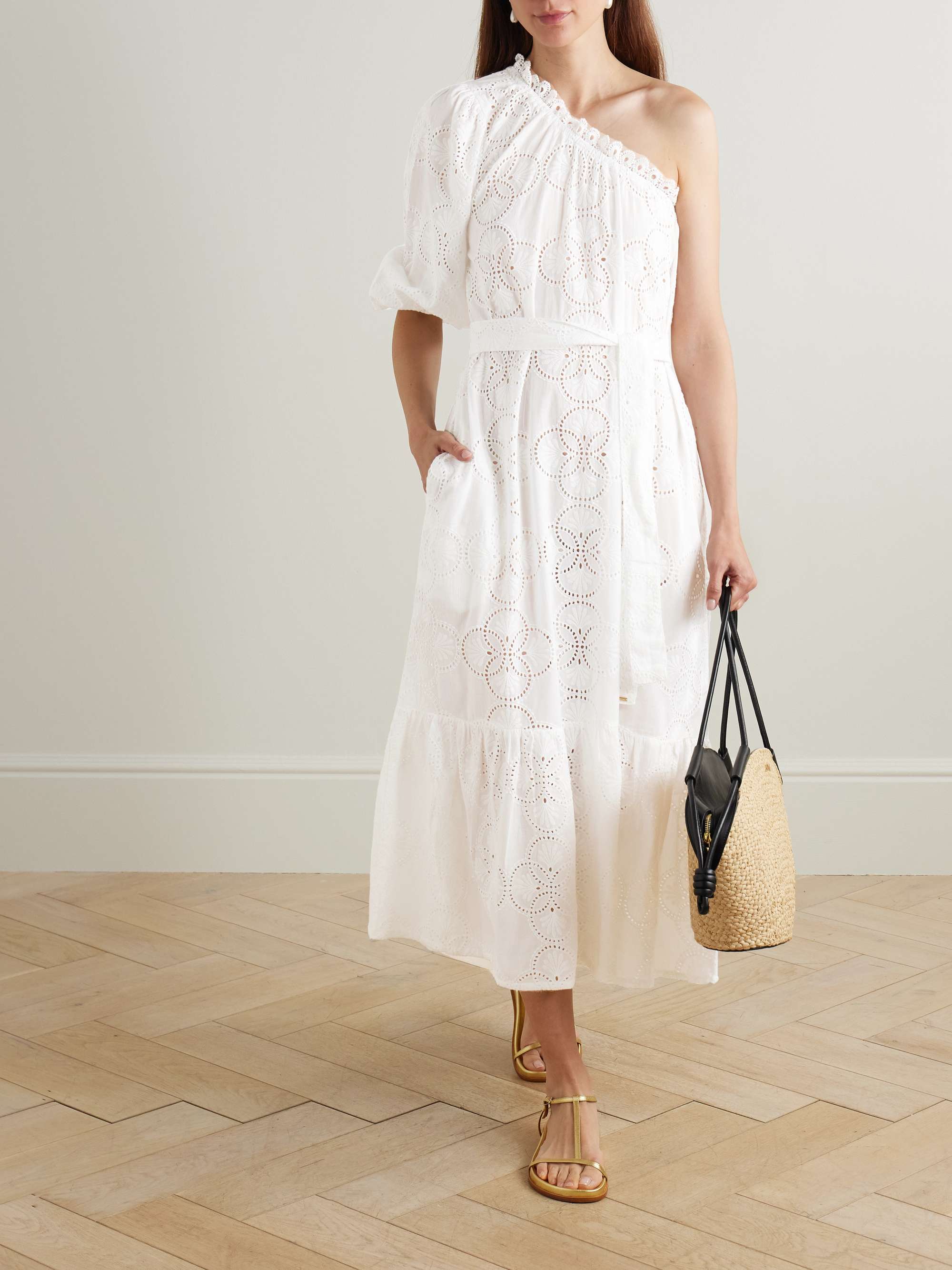 Autumn one-shoulder broderie anglaise cotton midi dress view