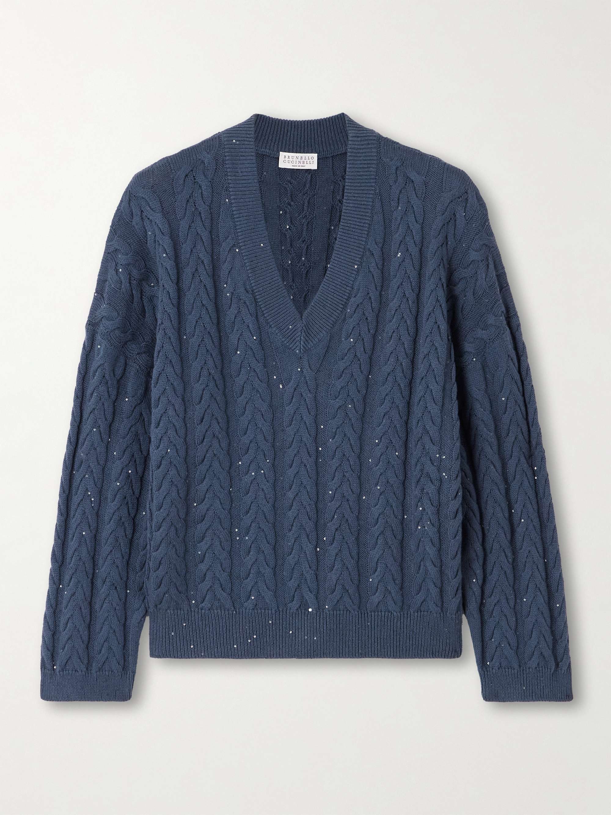 Sequin-embellished cable-knit cotton-blend sweater view